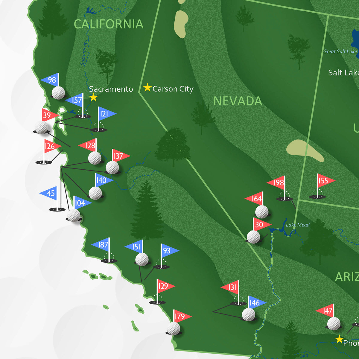 golf ball push pins on top golf courses map