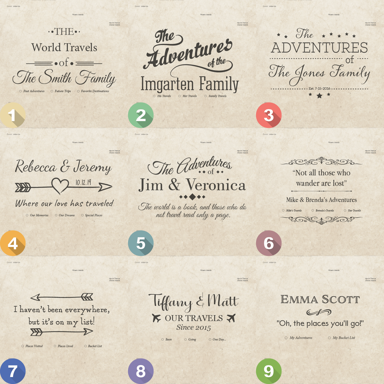 Nine personalized world travel map canvas design style options showing customizable family and couple name templates with vintage typography