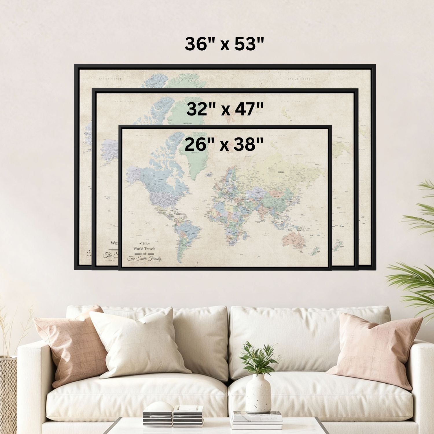 Size Options for Gallery Wrapped Sandy Dreams World Map in Float Mount Frames