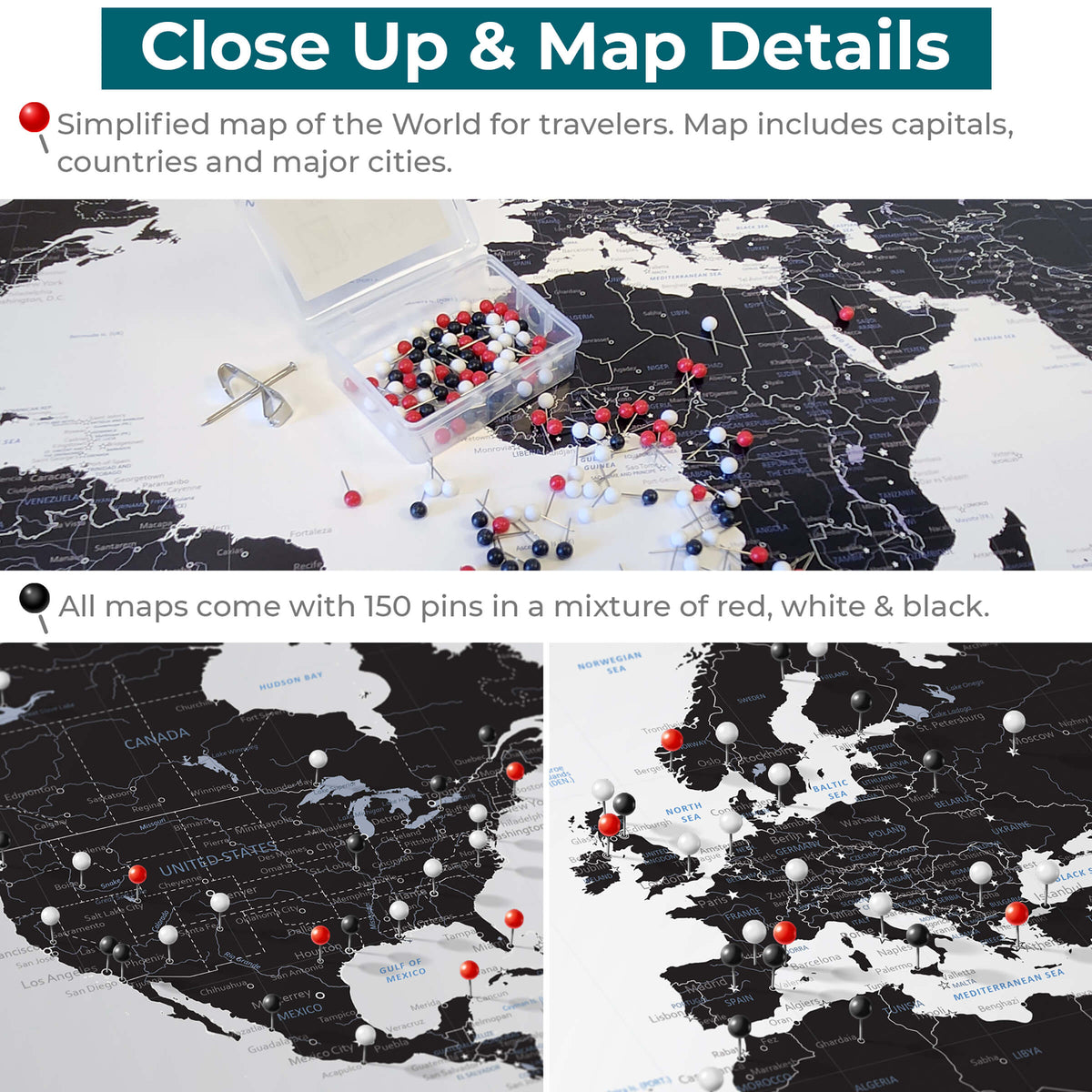 Black Ice World Push Pin Travel Maps - Close up and Details