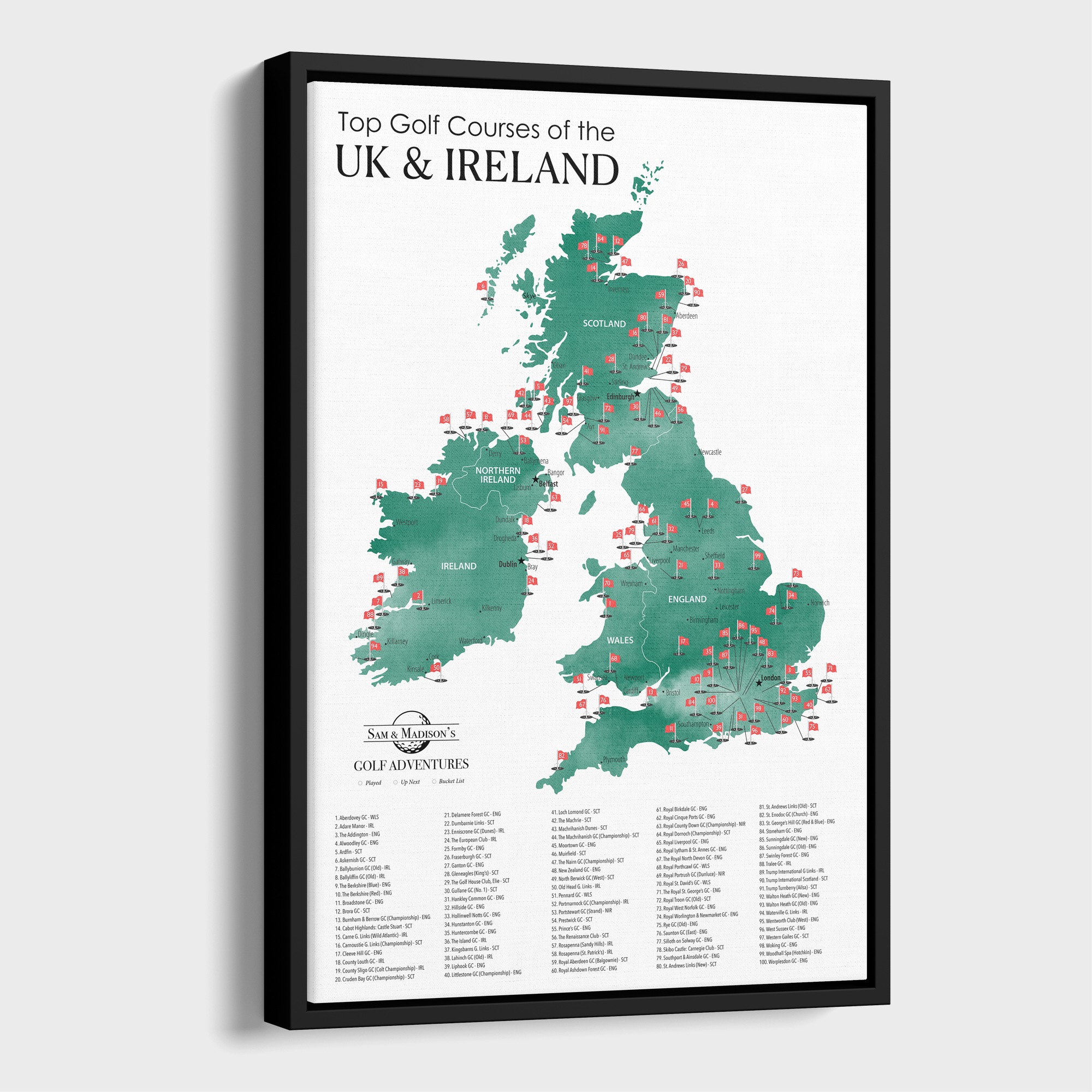 Canvas - The UK & Ireland Golf Courses Travel Map with Pins