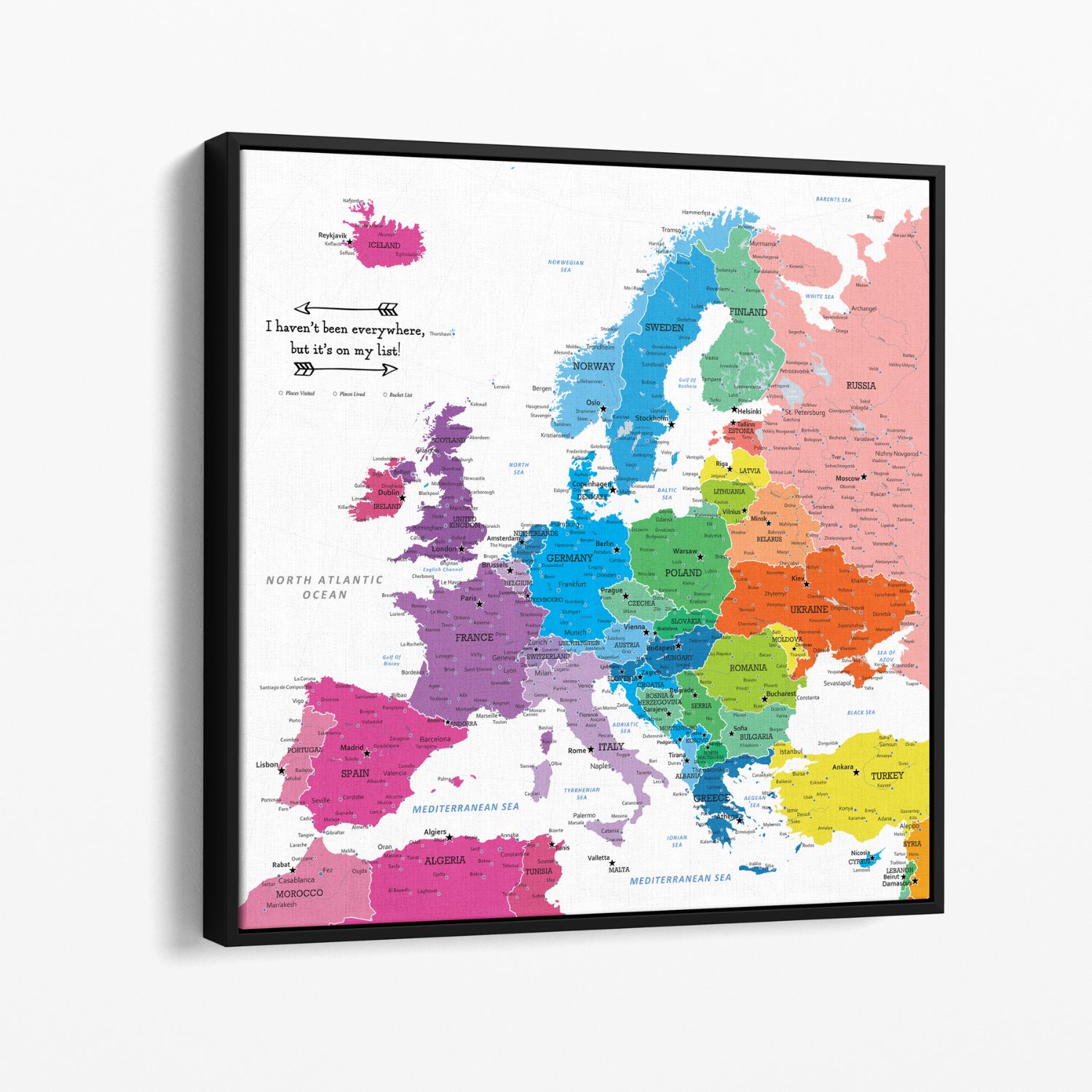 Colorful Europe travel map canvas with black float frame showing rainbow-colored countries and cities