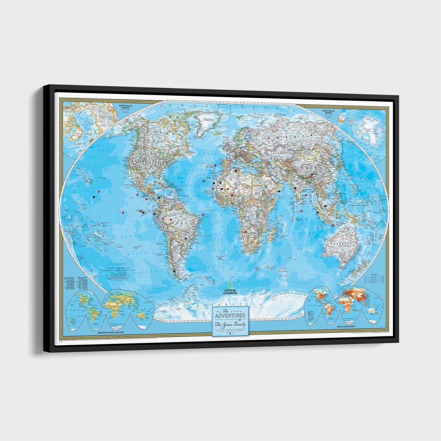 Personalized National Geographic classic world travel map canvas with red and black pins marking destinations, black float frame