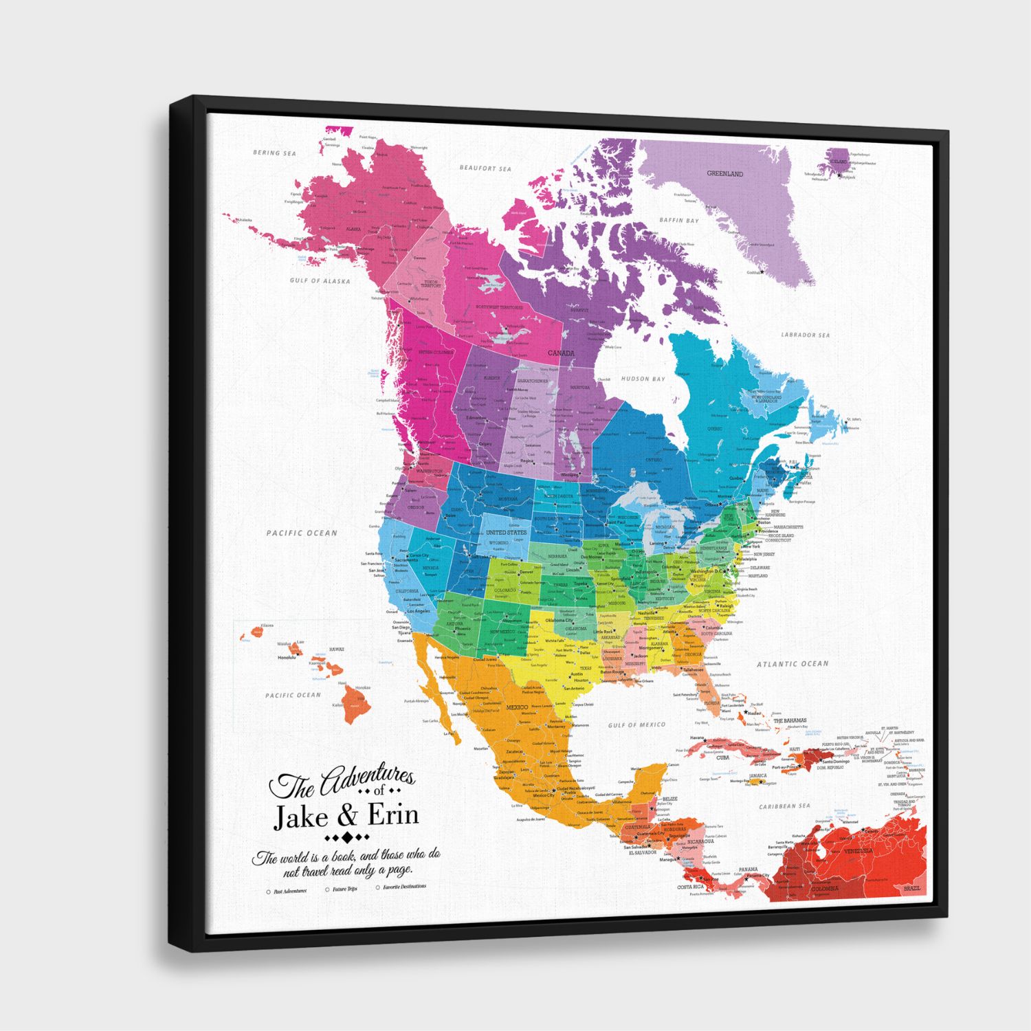 Personalized colorful North America travel map canvas with black float frame, rainbow regions