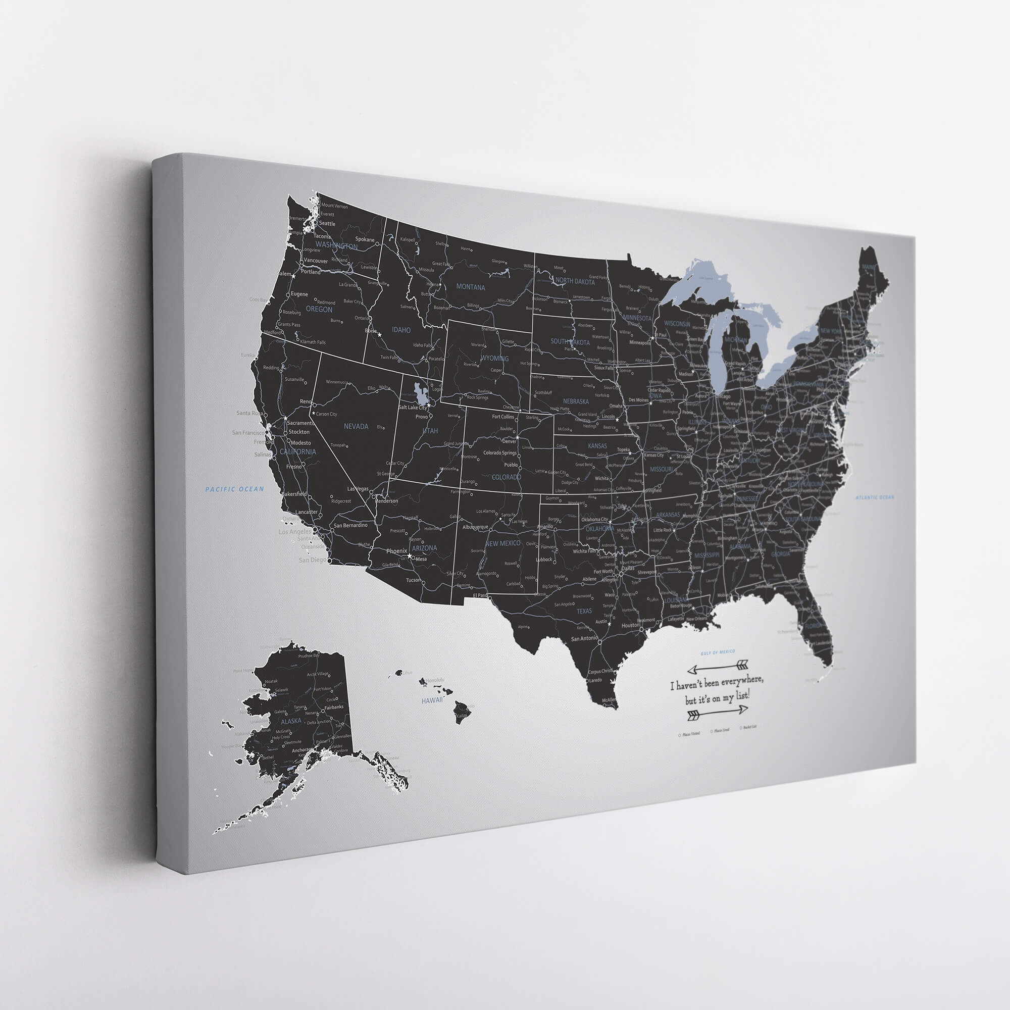 Gallery Wrapped - Black Ice USA Travel Map with pins