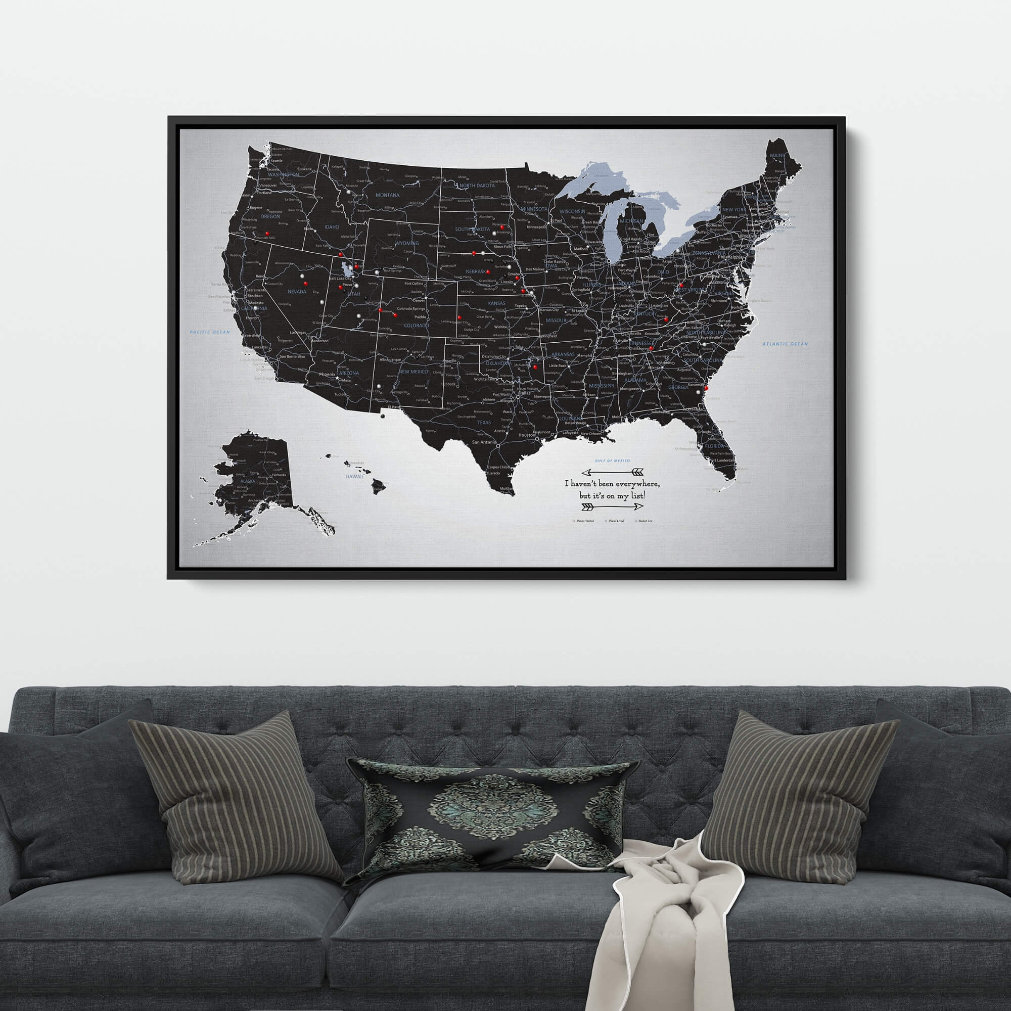 Canvas - Black Ice USA Travel Map with pins