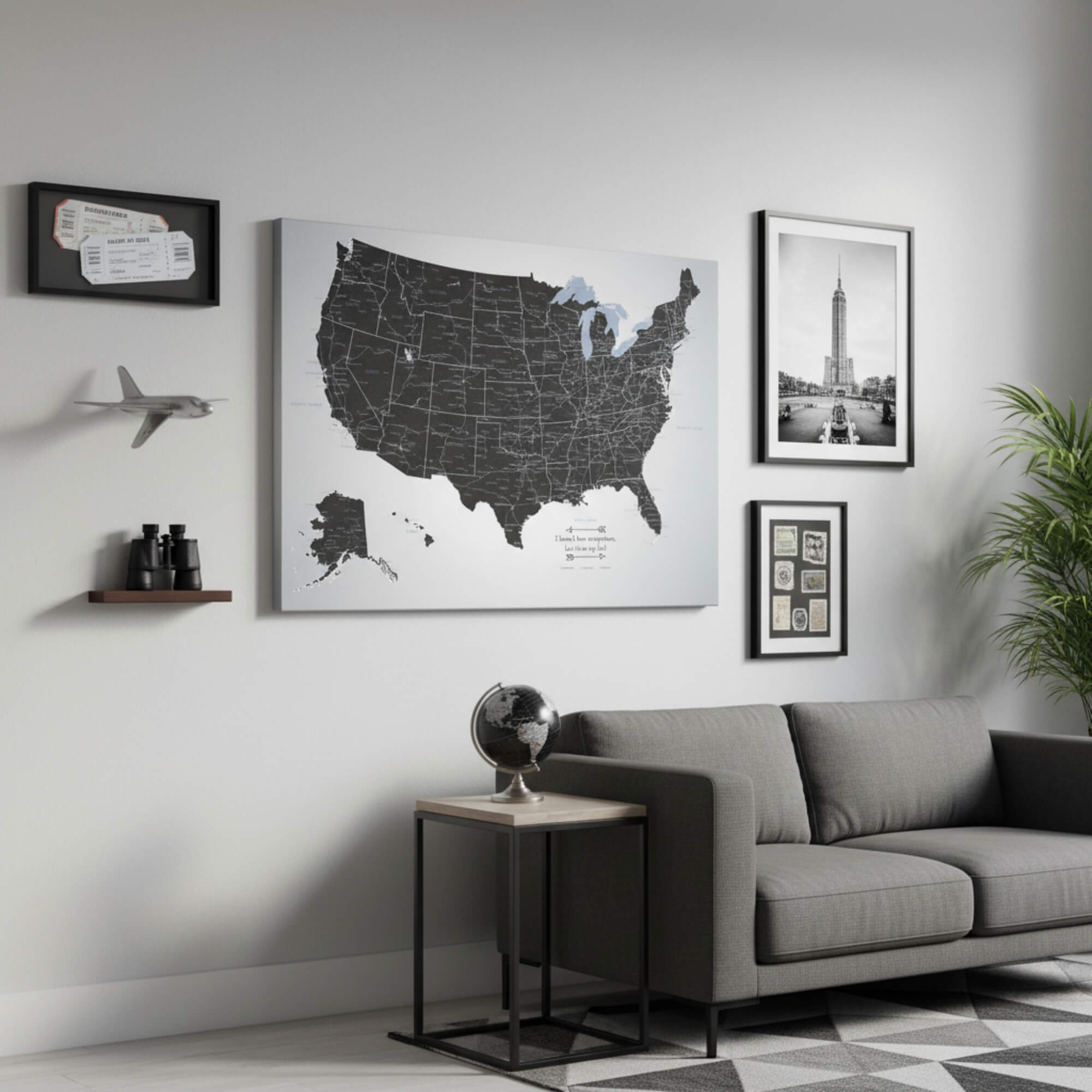 Gallery Wrapped - Black Ice USA Travel Map with pins