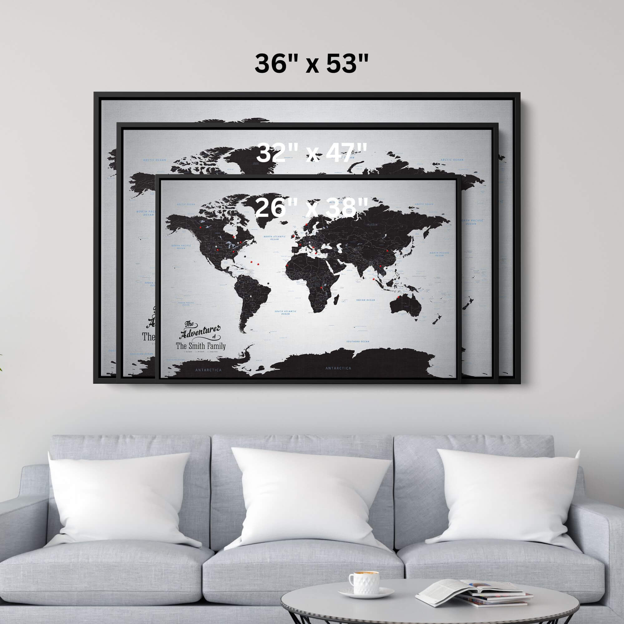 Canvas - Black Ice World Travel Map with pins