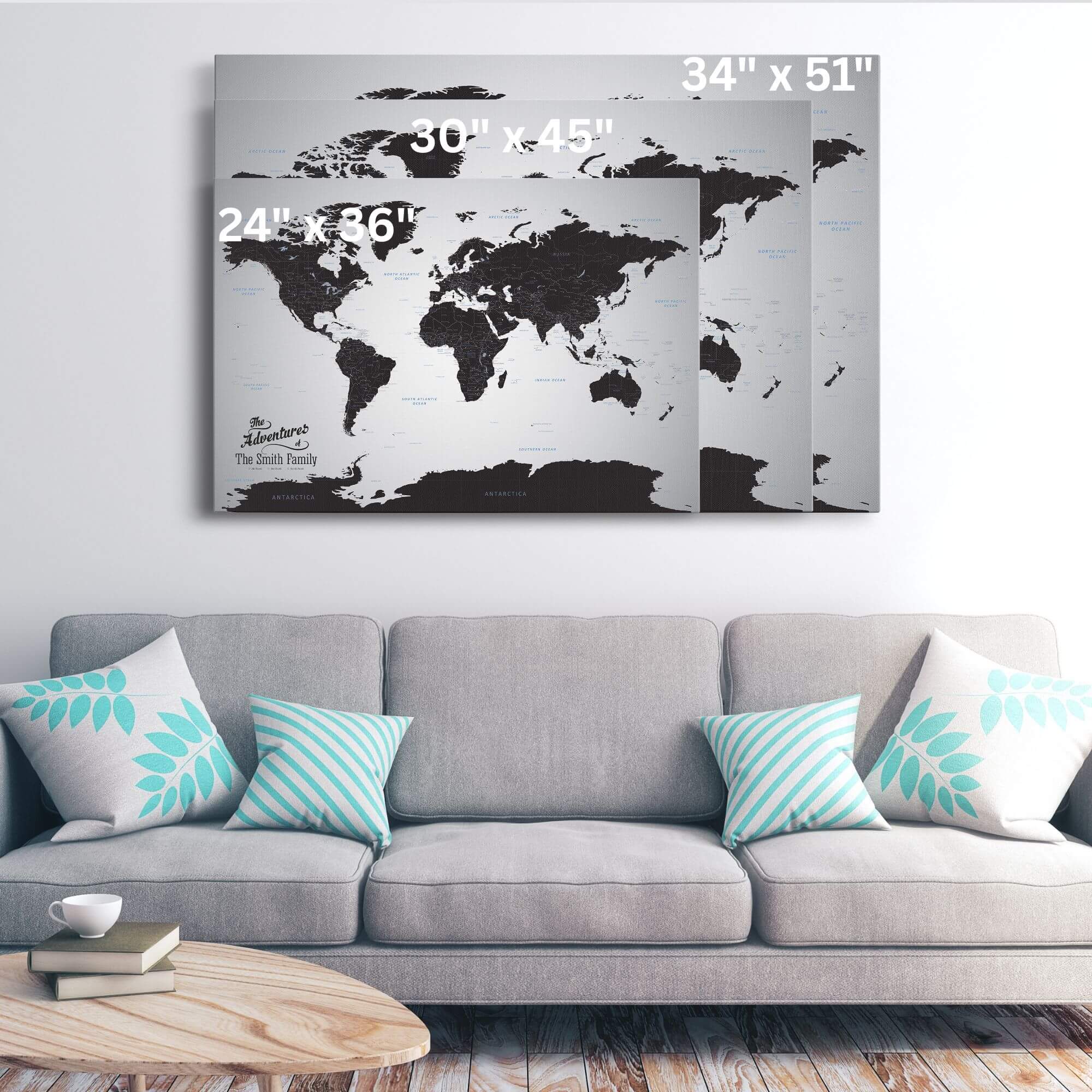 Gallery Wrapped - Black Ice World Travel Map with pins