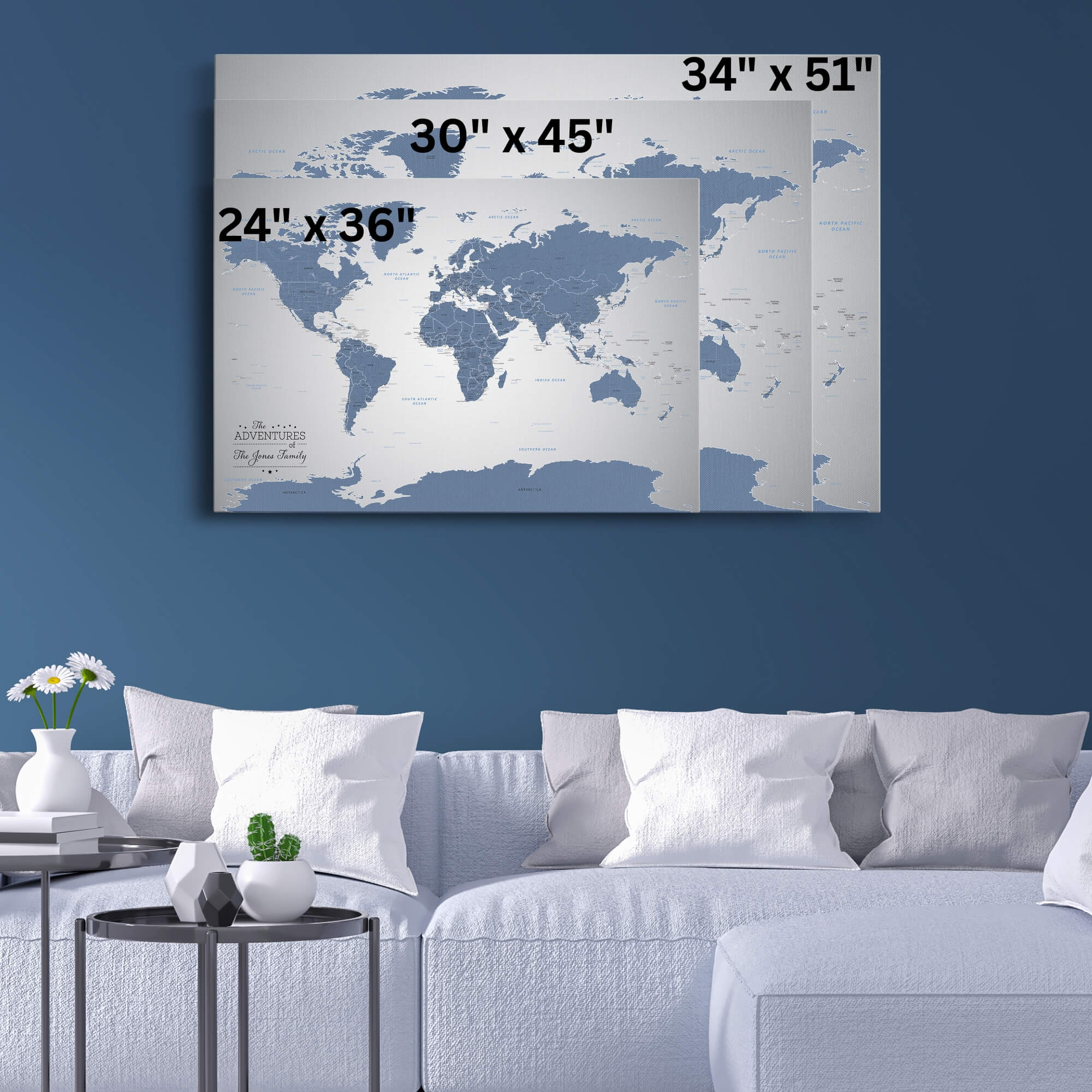Gallery Wrapped - Blue Ice World Travel Map with pins