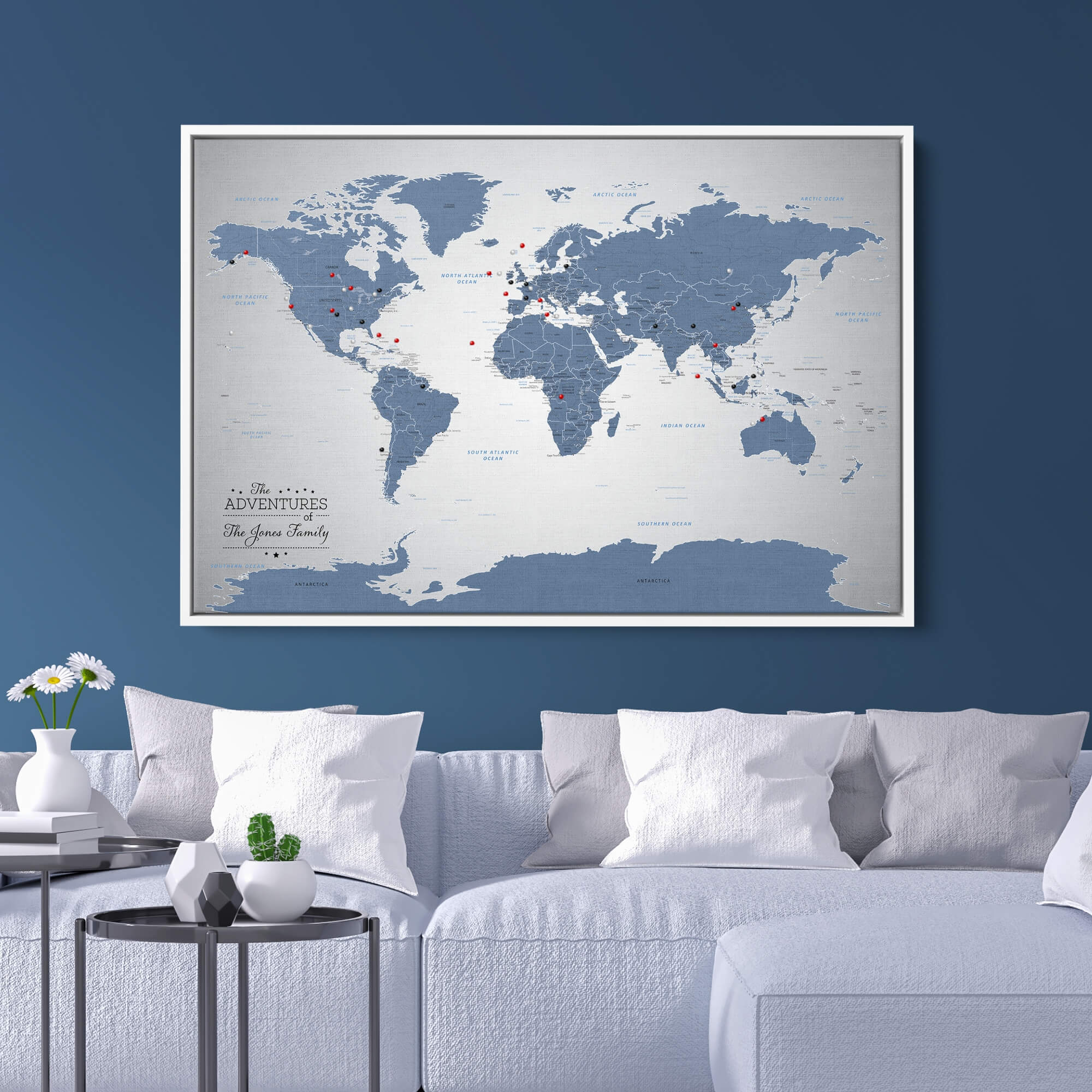 Canvas - Blue Ice World Push Pin Travel Map with pins