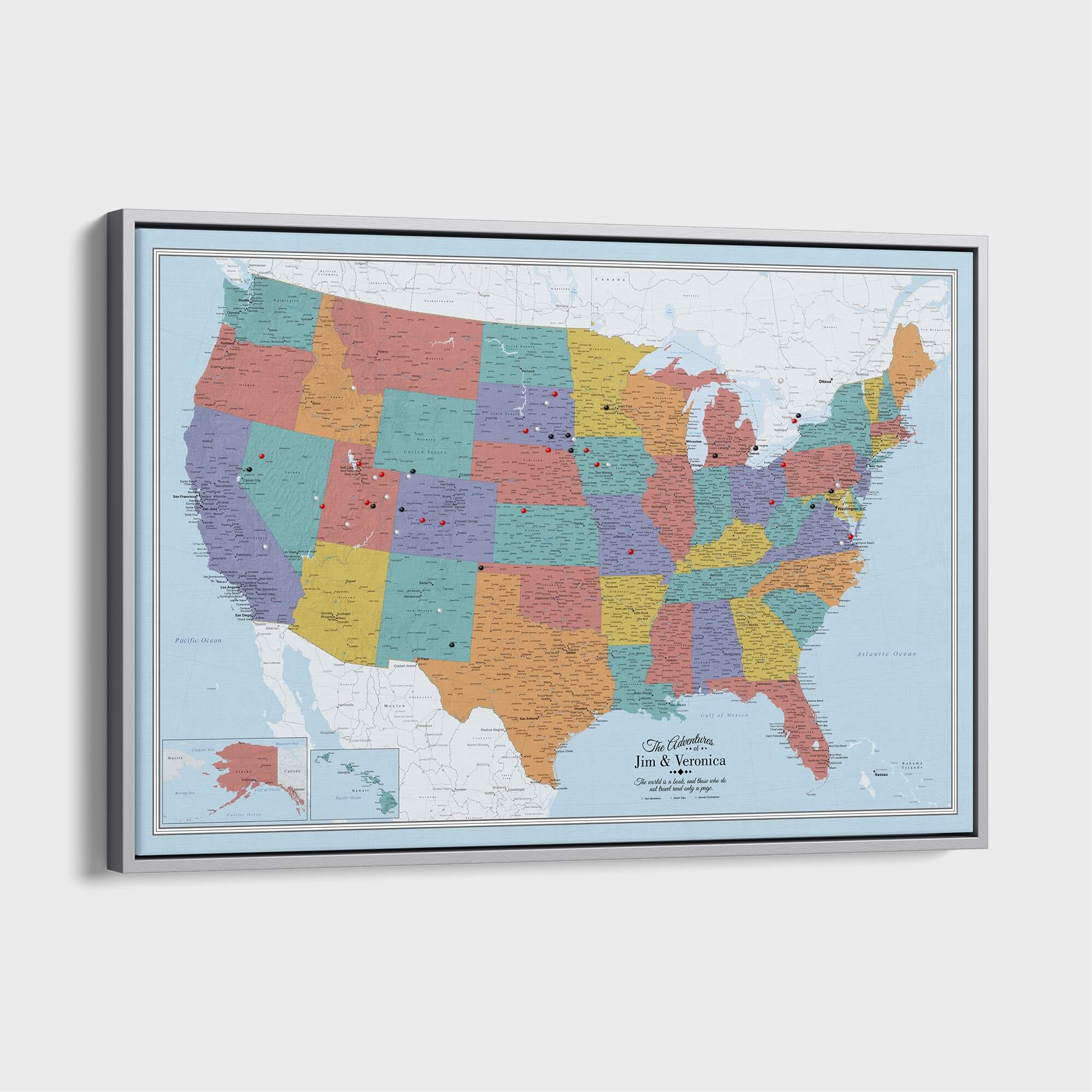 Canvas - Blue Oceans USA Travel Map with pins