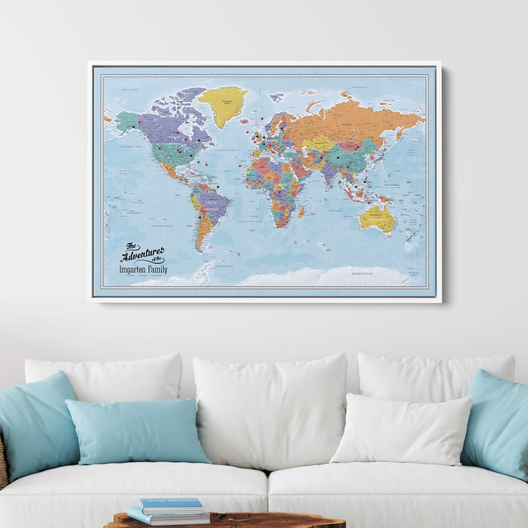 Canvas - Blue Oceans World Travel Map with pins