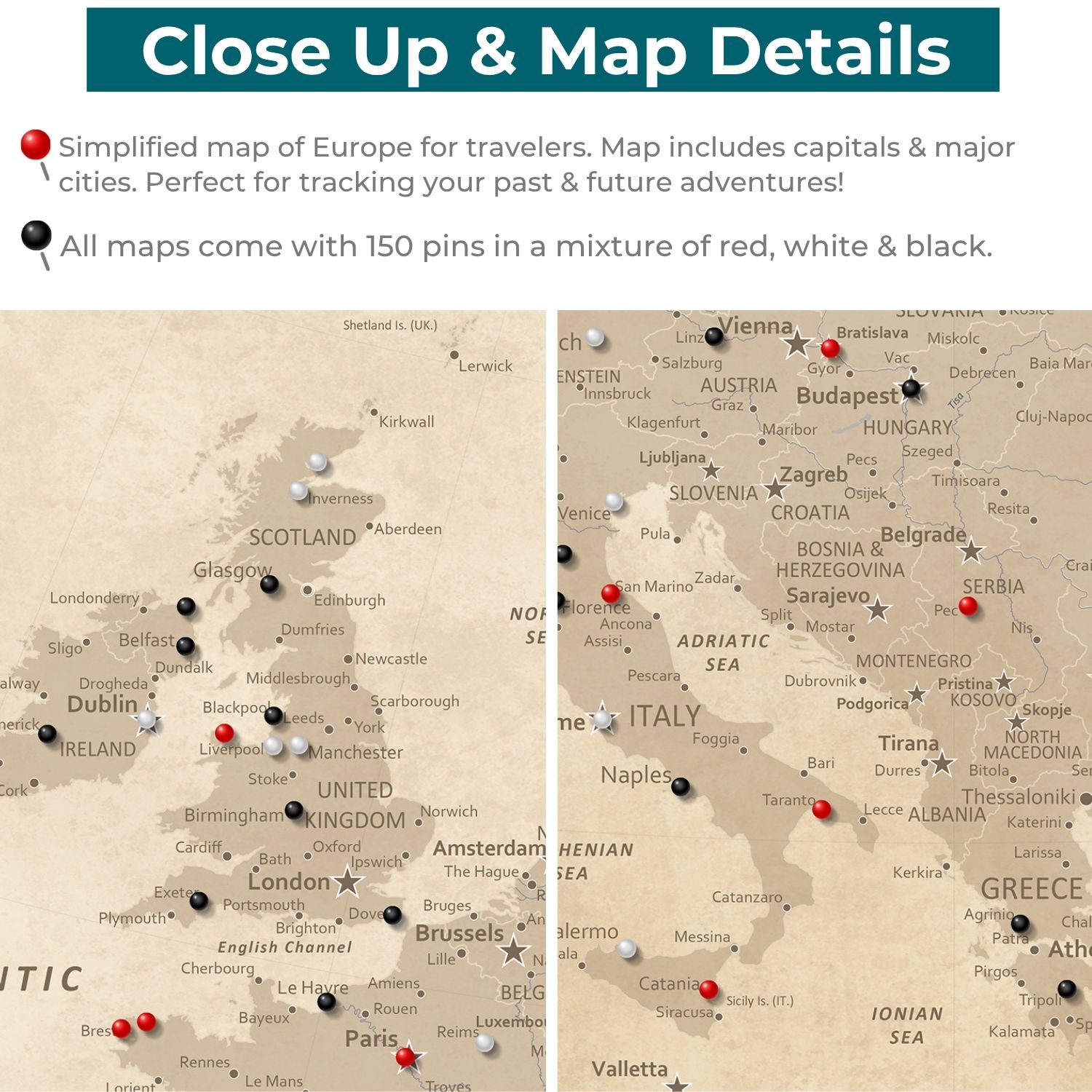 Close-up detail of vintage Europe travel push pin map showing UK, Italy, and Balkans regions with red, black, and white pins marking cities