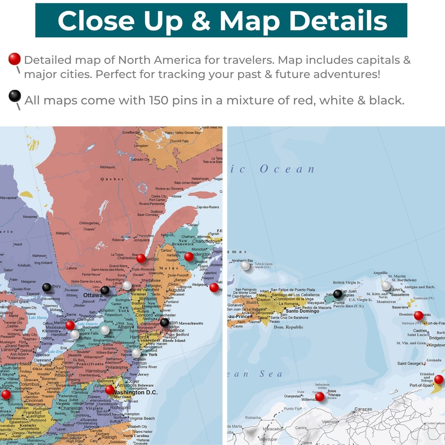 Close-up detail of Blue Oceans North America Travel Map with red black white pins marking cities
