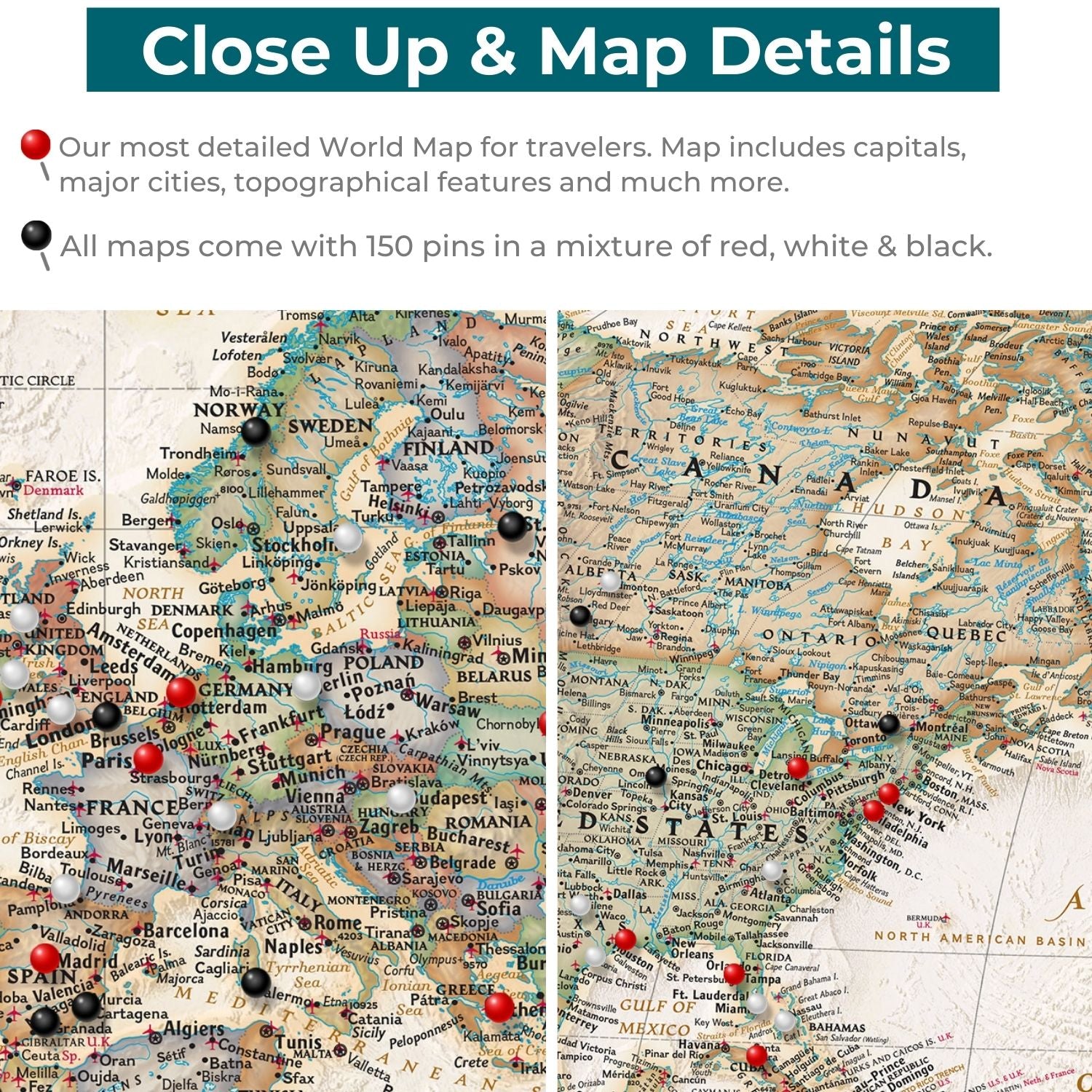 Gallery Wrapped - Executive World Travel Map with pins