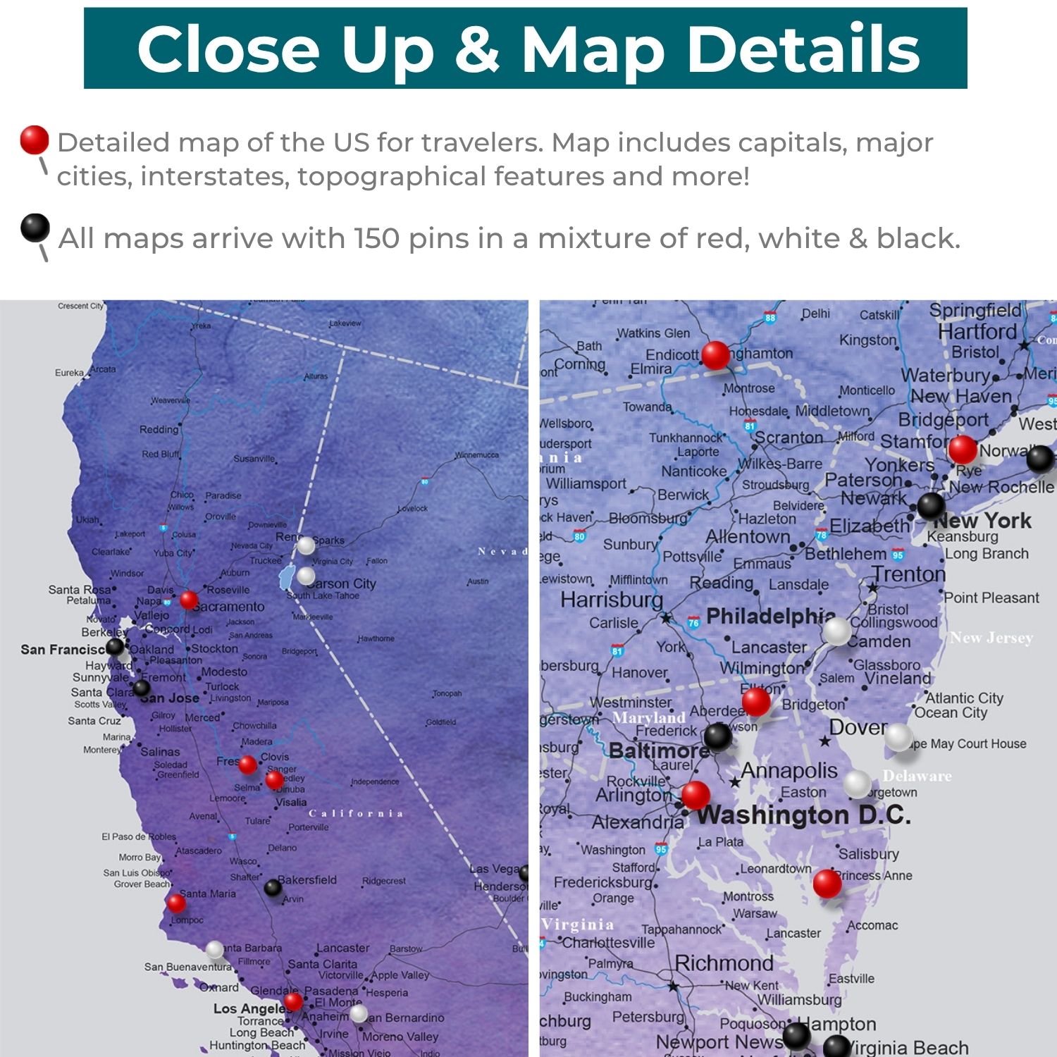 Close-up detail of vibrant violet watercolor USA canvas travel map with red black white pins marking cities