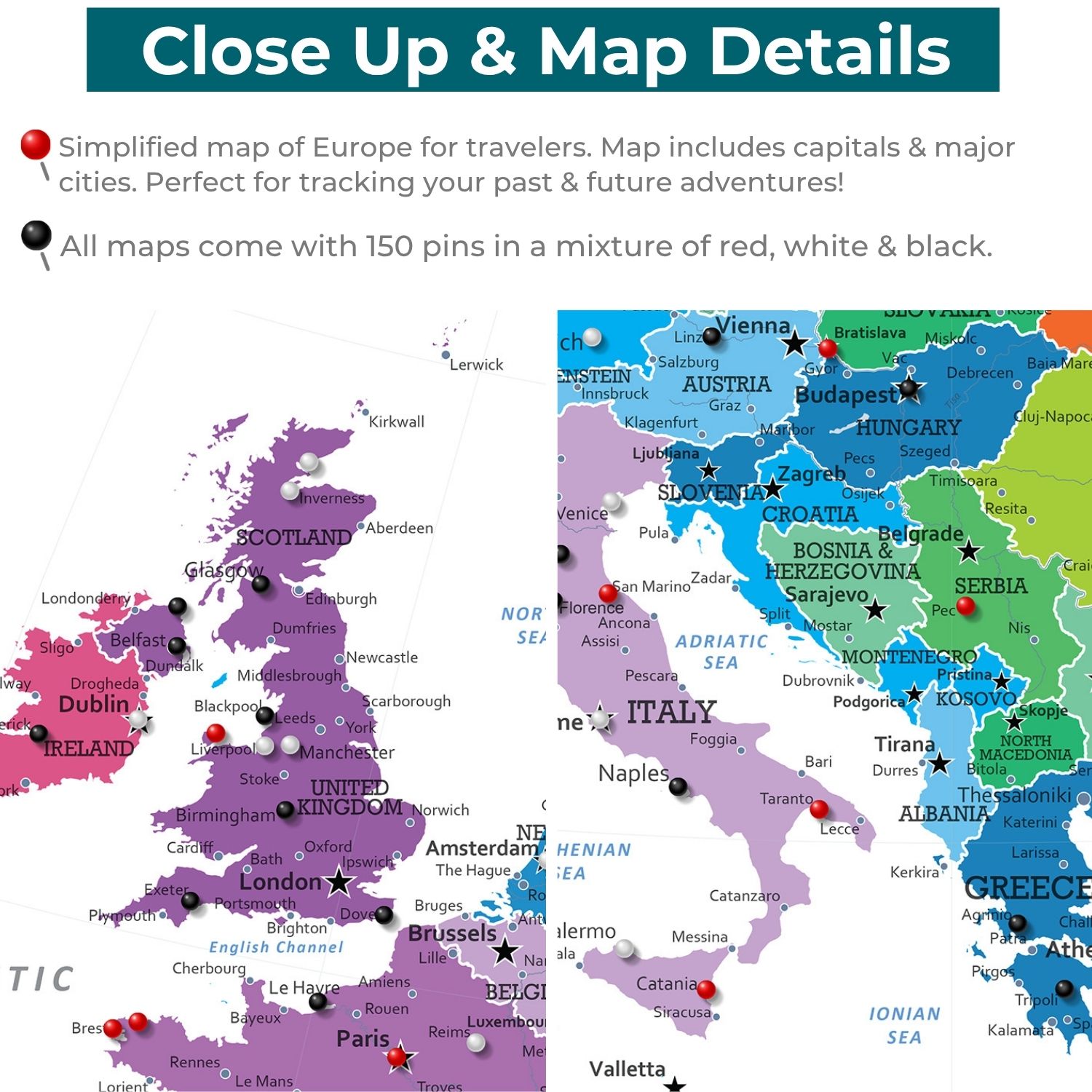 Close-up detail of colorful Europe push pin travel map showing UK Italy Balkans capitals with red black white pins