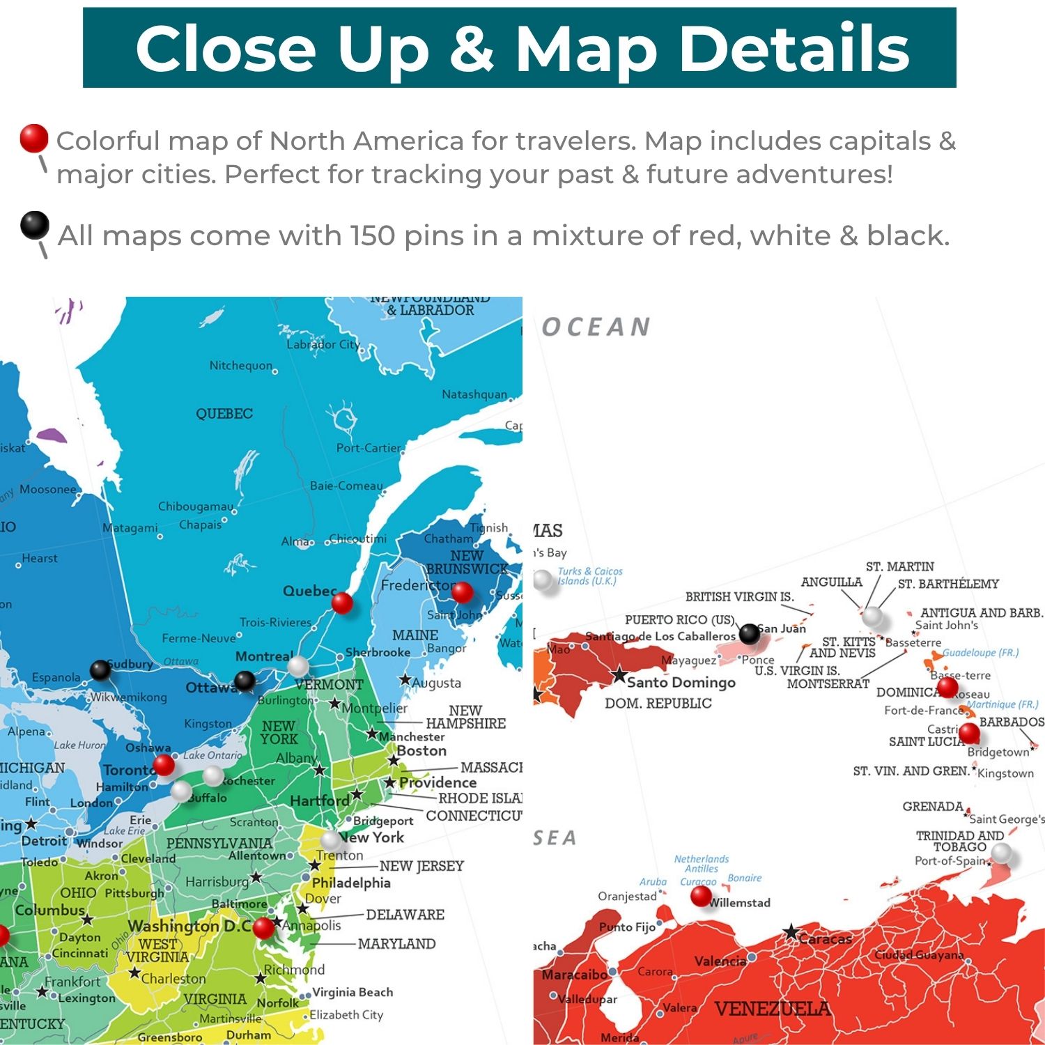 Close-up detail of colorful North America travel map with red black and white push pins marking cities