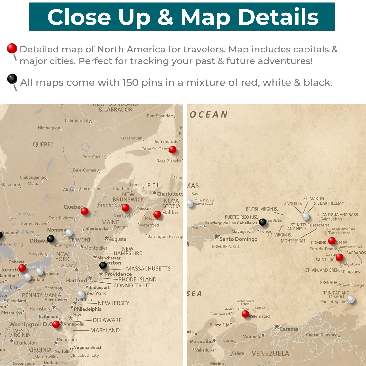 Close-up detail of vintage North America push pin travel map with red black white pins marking cities