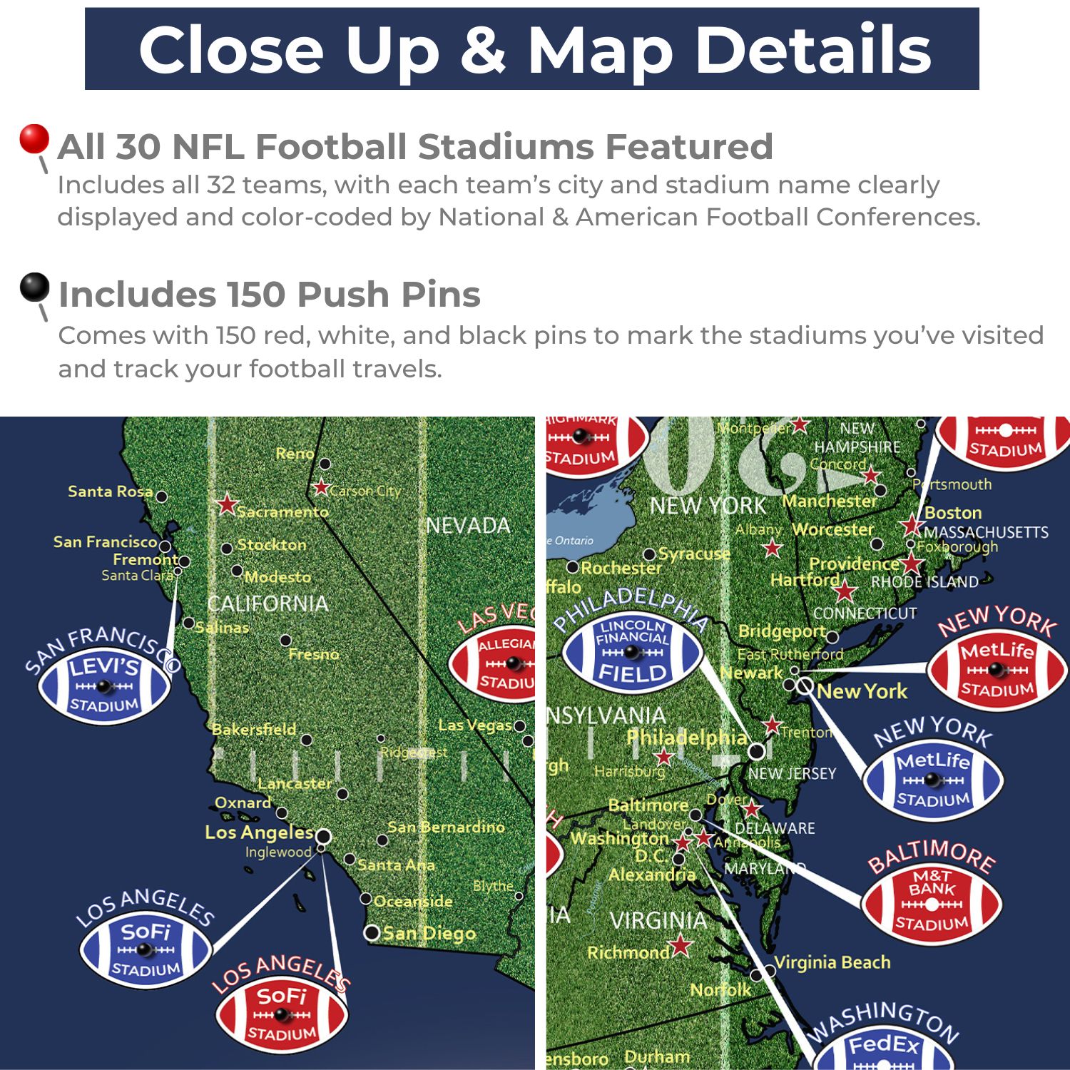 Canvas - Football Stadium Push Pin Travel Map with Pins