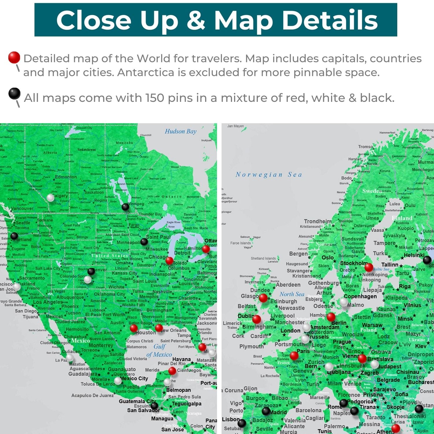 Close-up detail of Emerald Watercolor World Map canvas showing North America and Europe with red black white pins marking cities