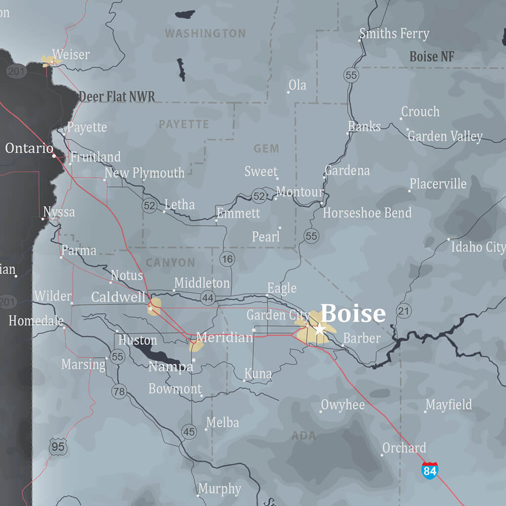Closeup of Slate Idaho State Push Pin Travel Map
