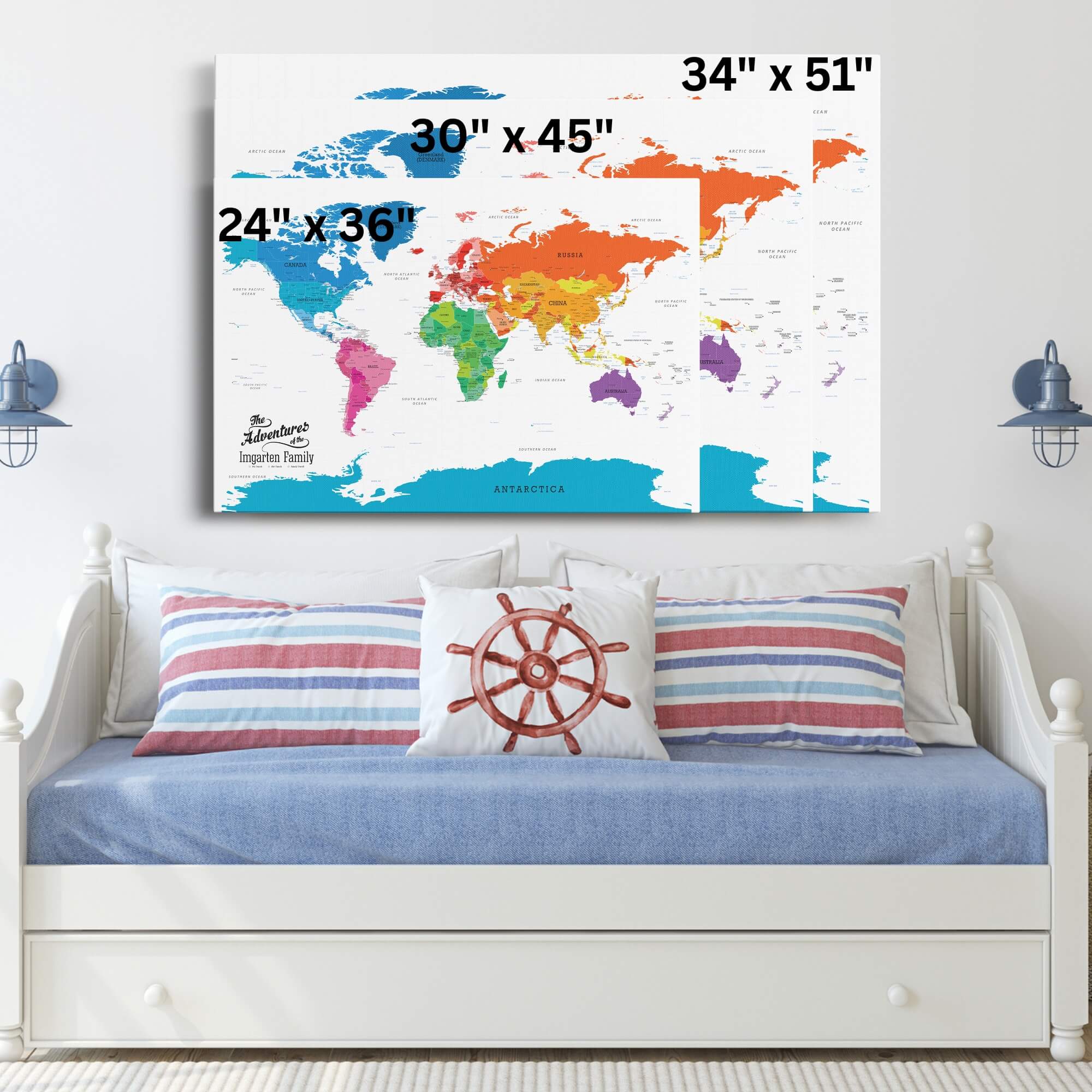 Gallery Wrapped - Colorful World Travel Map with pins