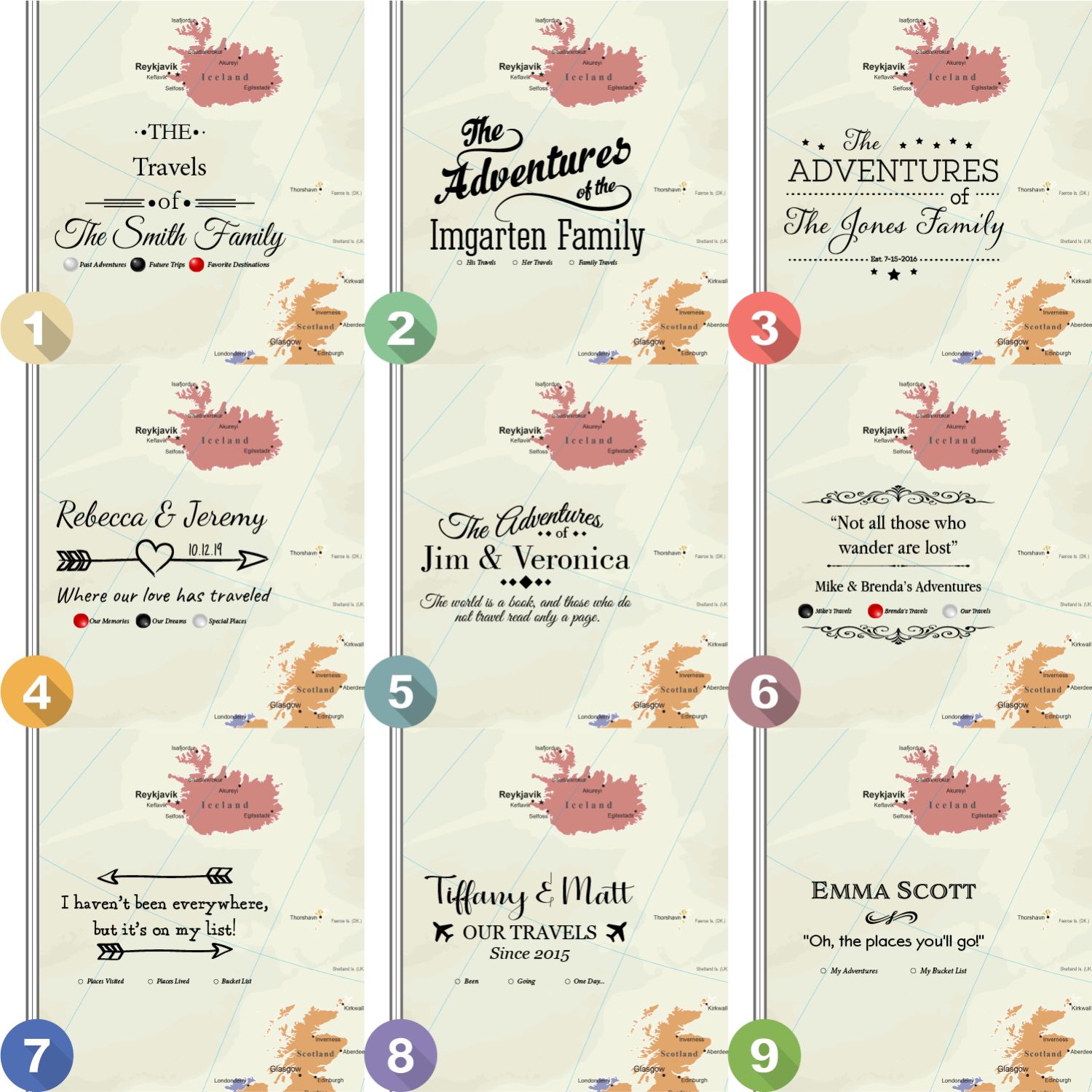 Nine personalized Europe push pin travel map canvas styles showing customizable text layouts and designs