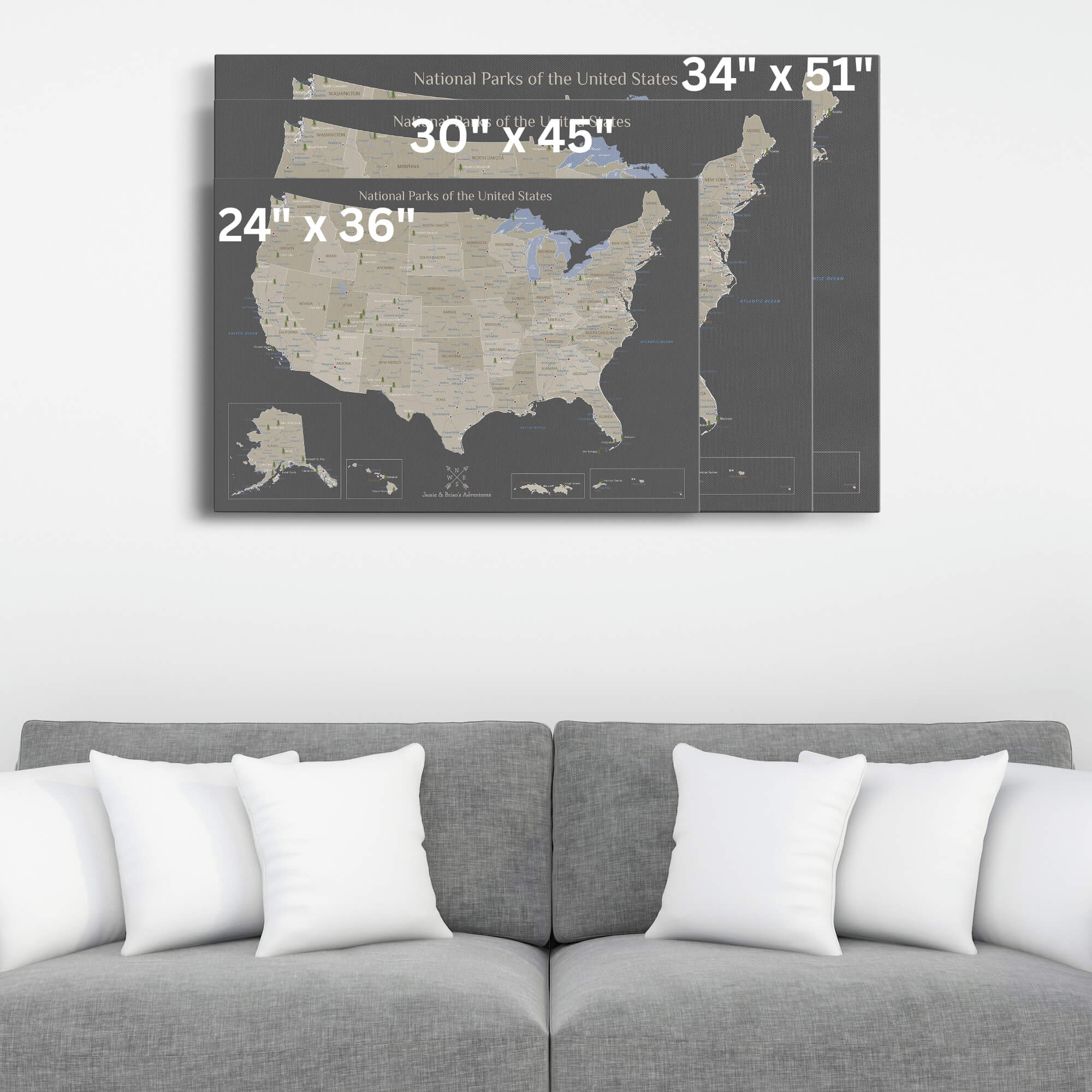 Gallery Wrapped - Earth Toned National Parks of the USA Travelers Map with Pins