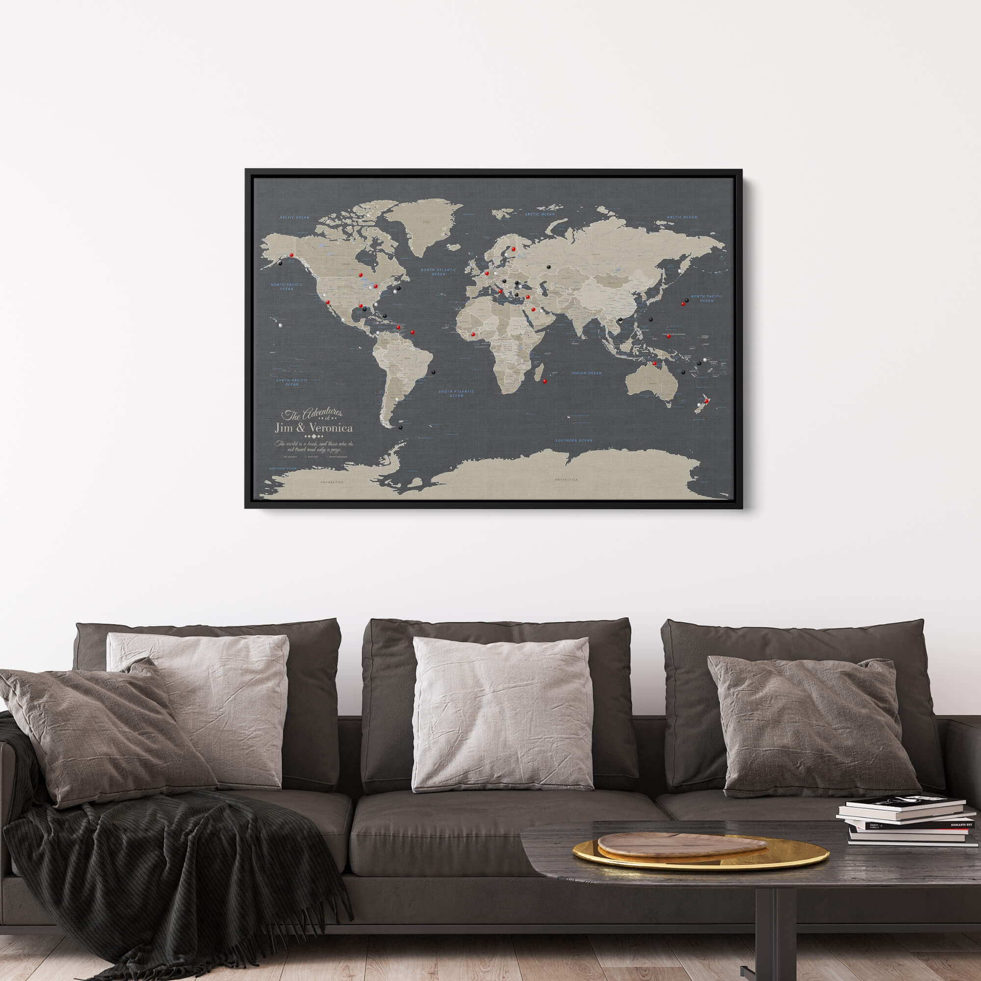 Canvas - Earth Toned World Travel Map with pins