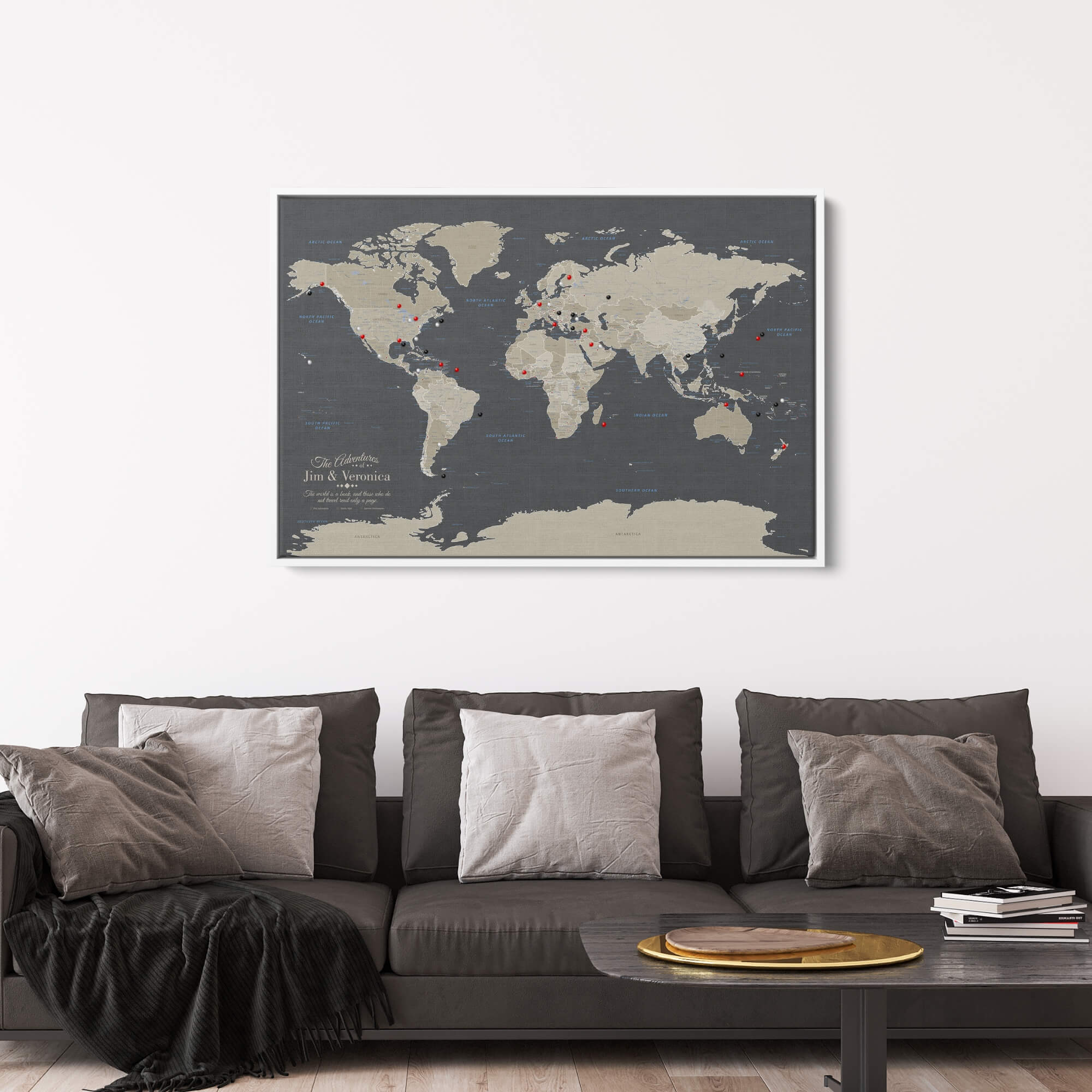 Canvas - Earth Toned World Travel Map with pins