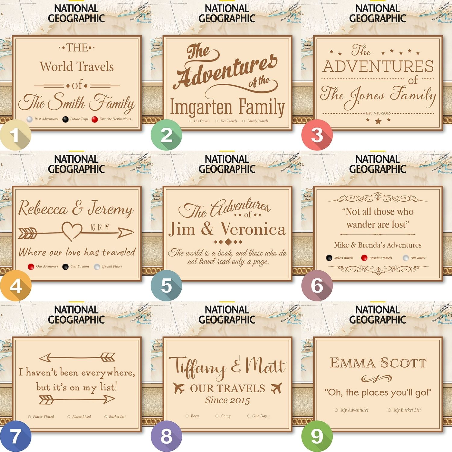 Nine personalized National Geographic travel map canvas design style options numbered one through nine