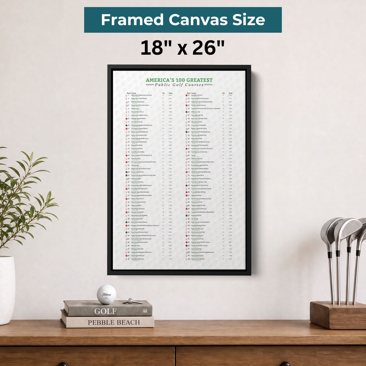 Size is 18x26" for Framed America's Top 100 Public Golf Courses Bucket List Tracker Canvas