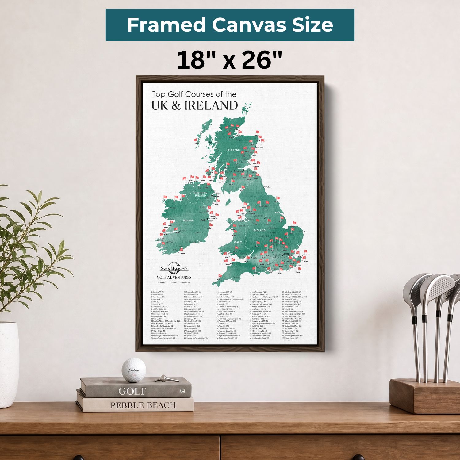 Canvas - The UK & Ireland Golf Courses Travel Map with Pins