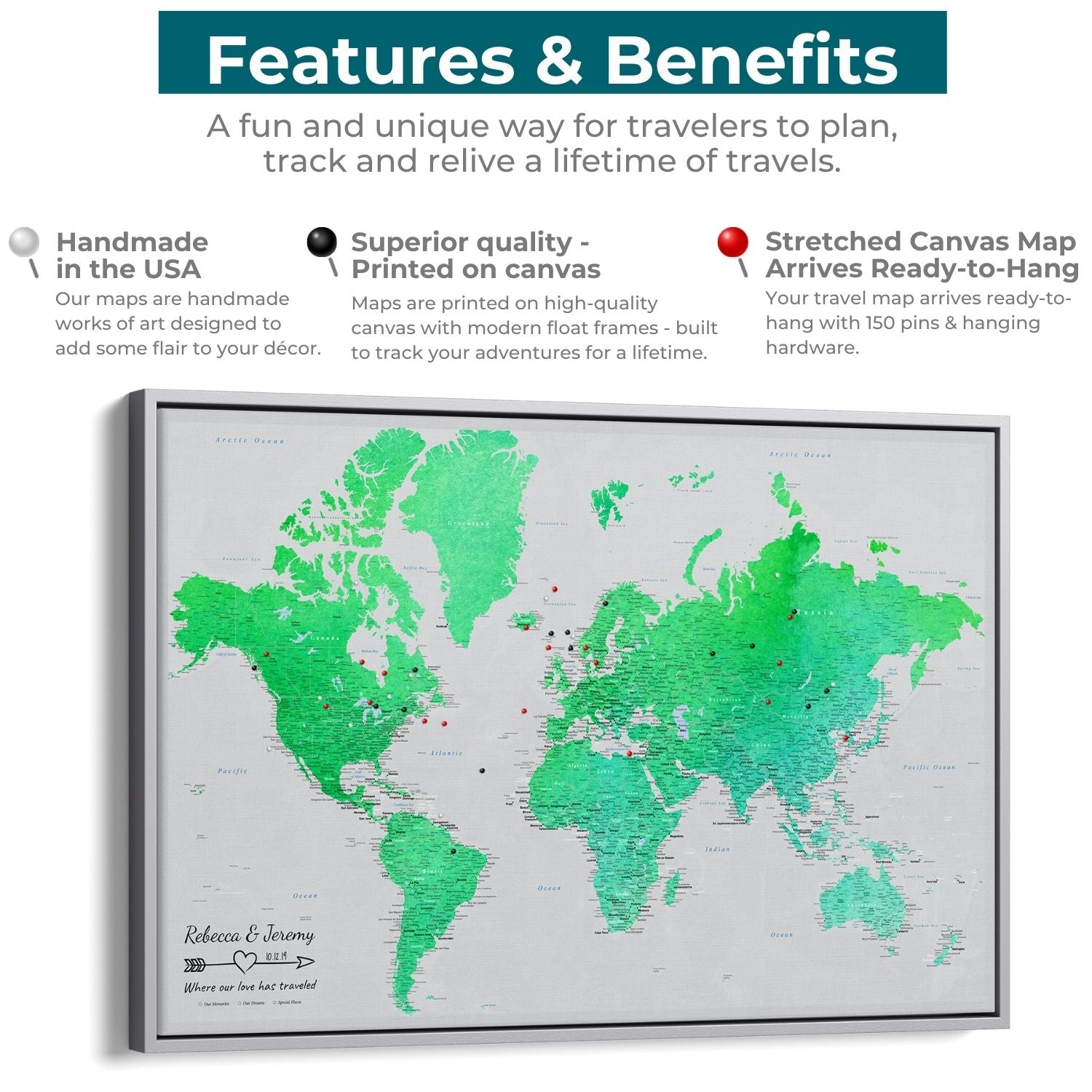 Enchanting Emerald watercolor world travel map canvas features benefits infographic with red and black pins