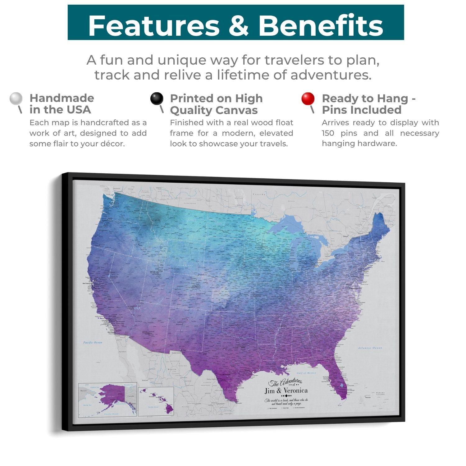 Vibrant Violet watercolor USA travel map canvas features benefits infographic with black float frame