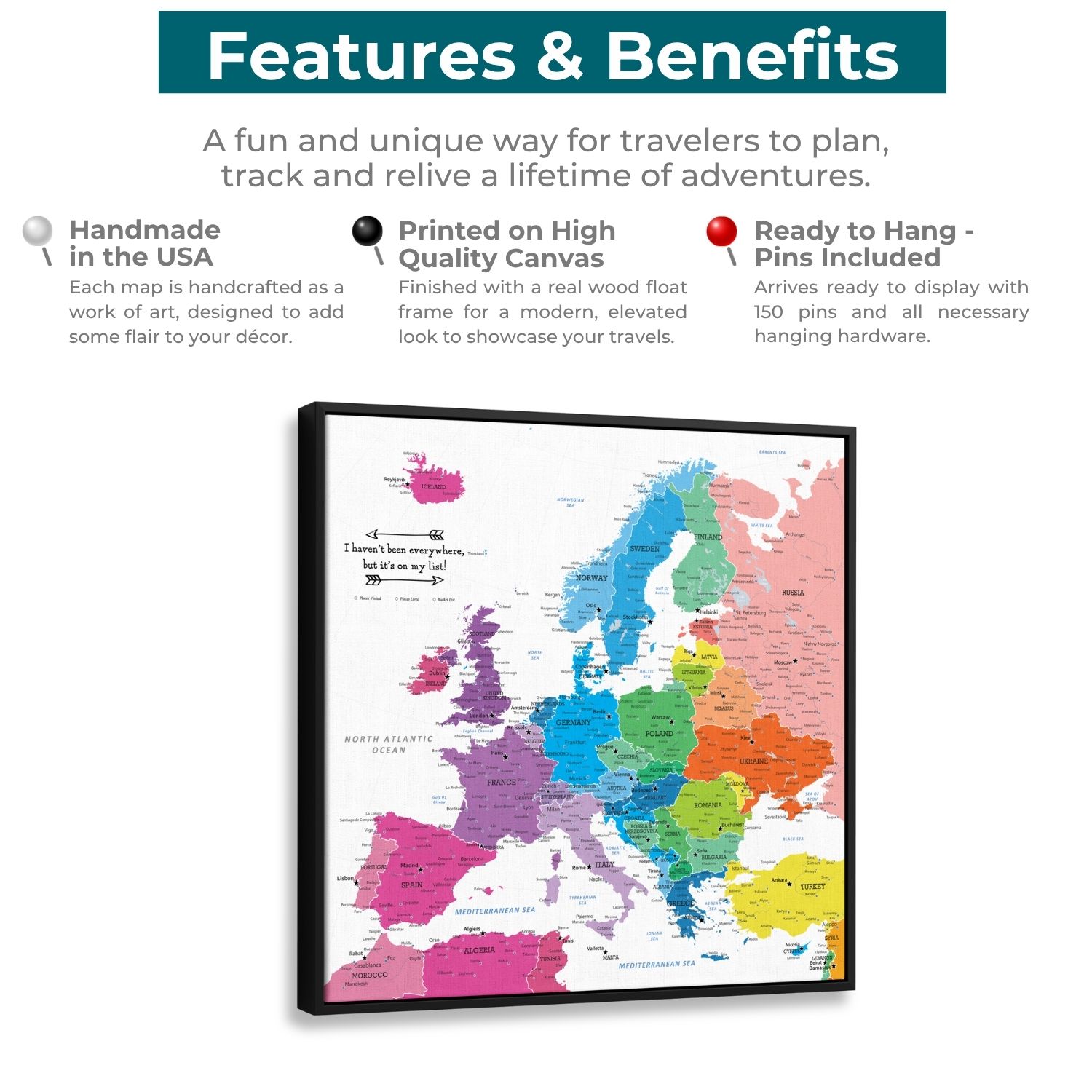 Colorful Europe travel map canvas with black float frame highlighting country details