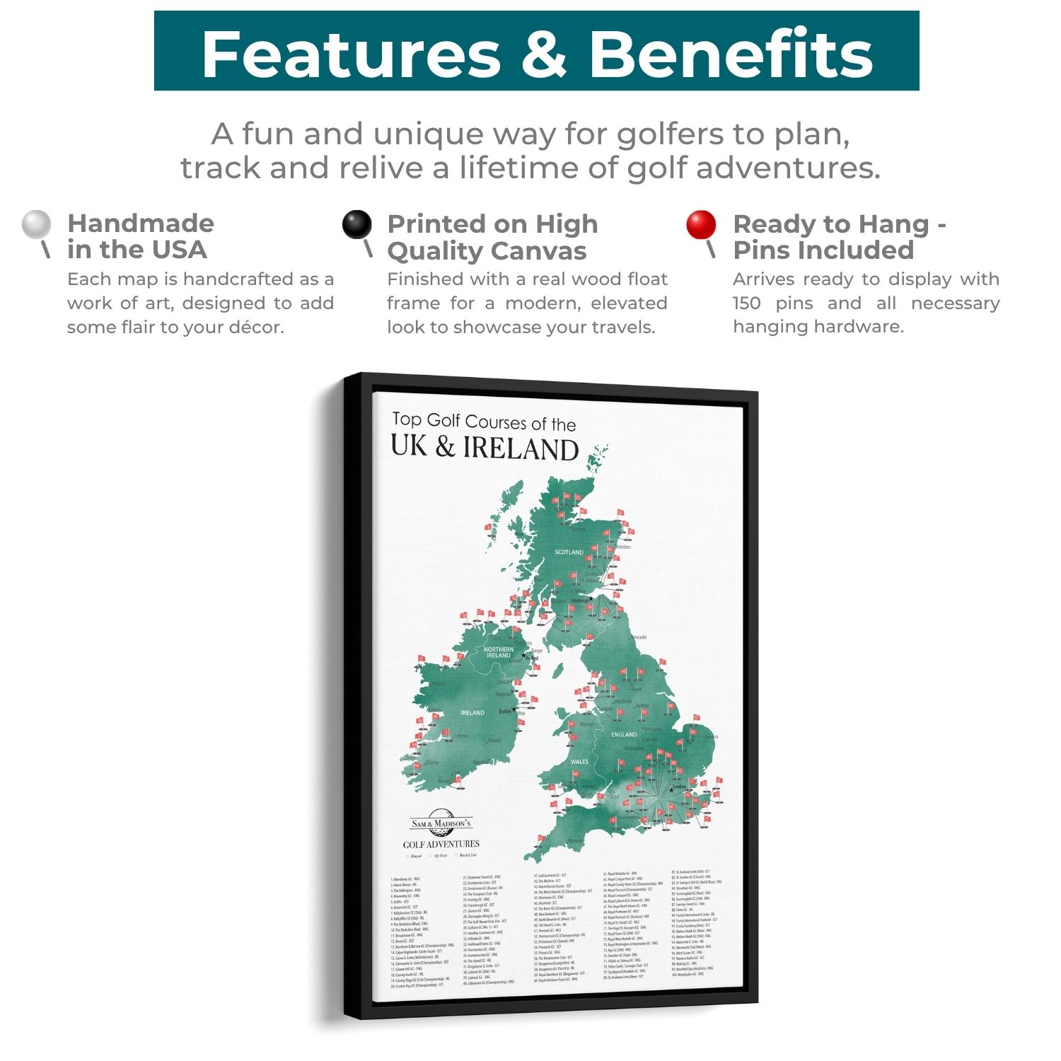 Canvas - The UK & Ireland Golf Courses Travel Map with Pins
