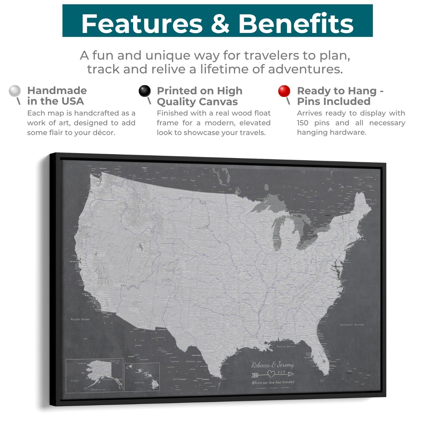 Canvas - Stormy Dreams USA Travel Map with pins