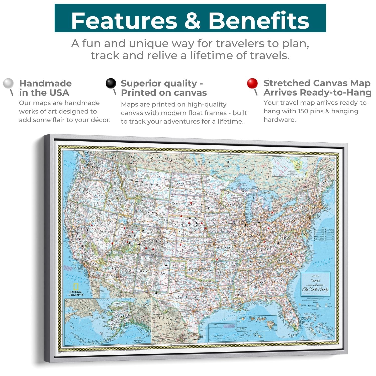 Canvas - Classic USA Travel Pin Map