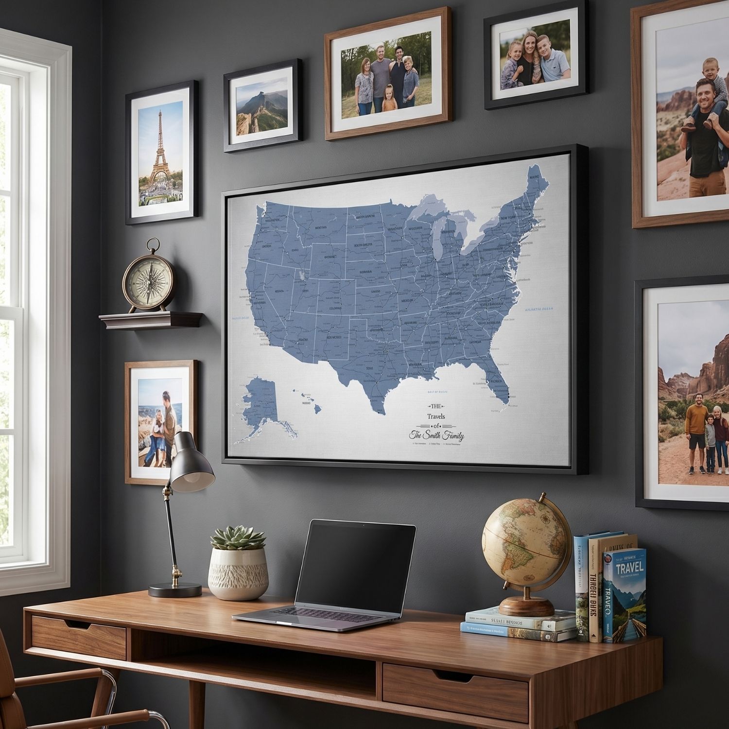 Personalized Blue Ice USA push pin travel map canvas displayed in cozy home office above wooden desk