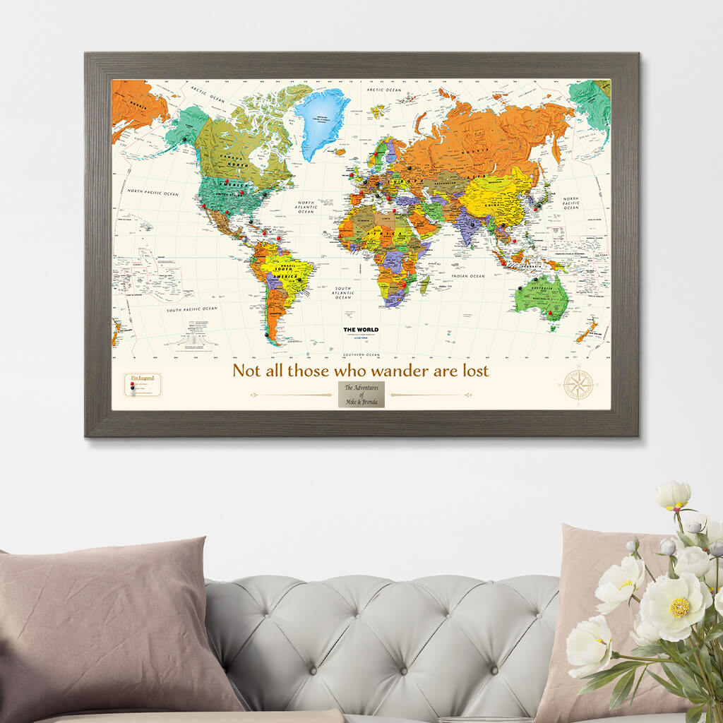 Contemporary World Map in Barnwood Grey Frame