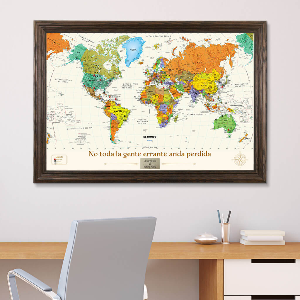 Spanish Contemporary World Map in Solid Wood Brown Frame