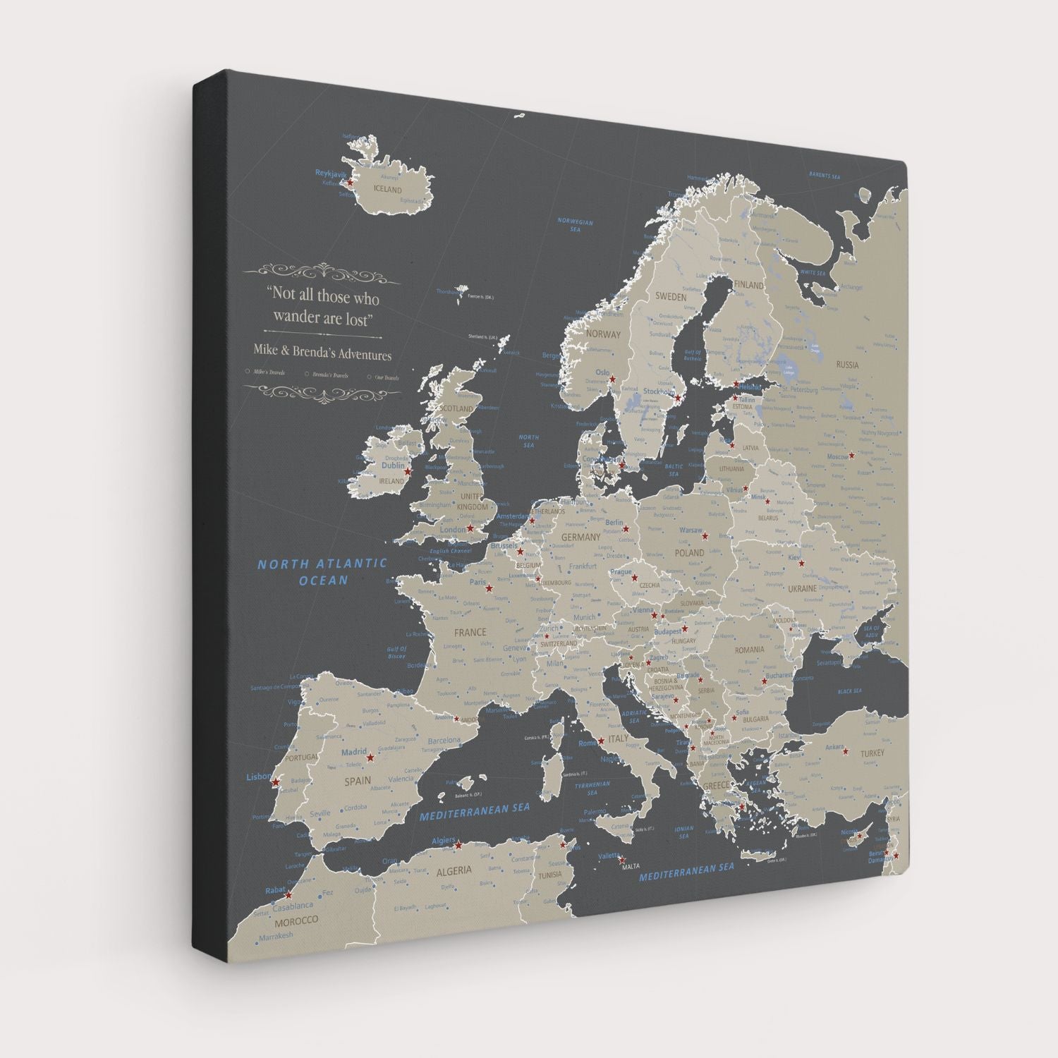 Earth toned Europe travel map canvas gallery wrap with red pin markers and custom quote text