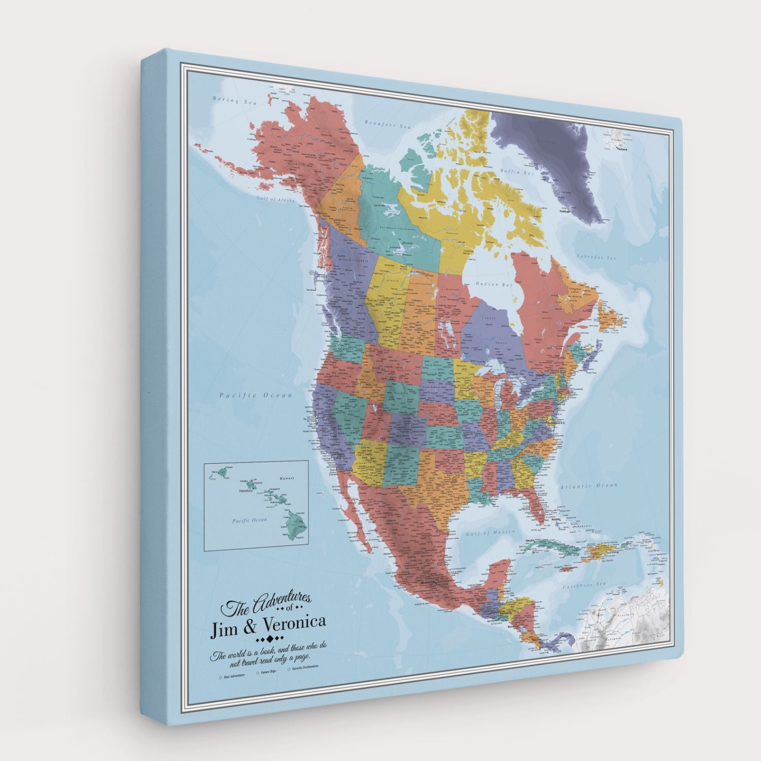 Personalized Blue Oceans North America travel map gallery wrapped canvas angled side view