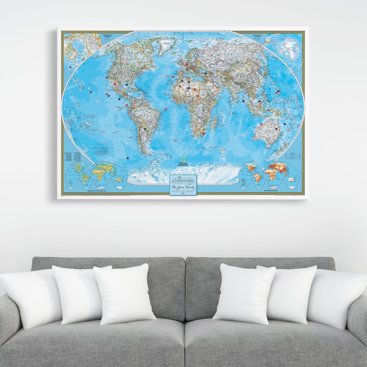 Gallery Wrapped - Classic World Travel Map with pins
