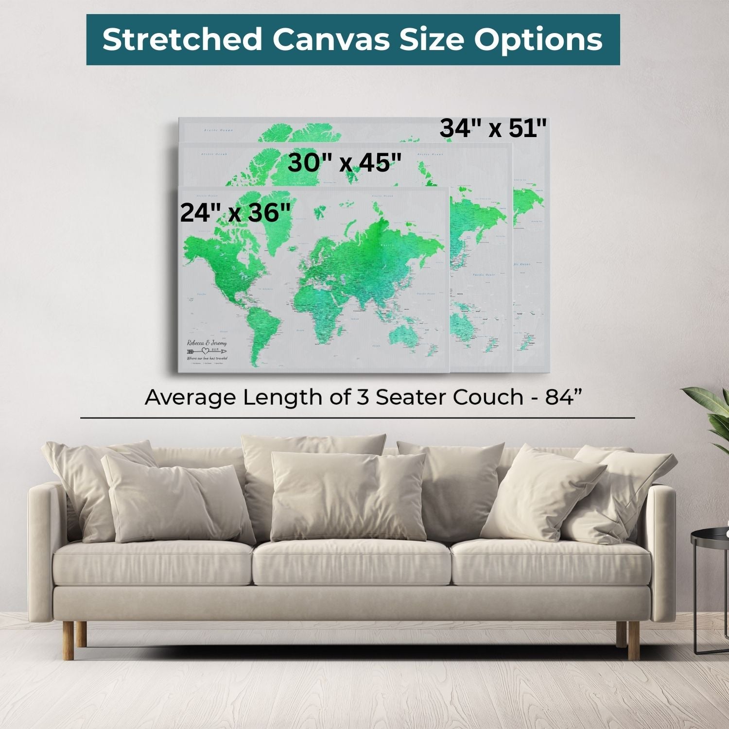 Gallery Wrapped - Enchanting Emerald Watercolor World Travel Map with pins