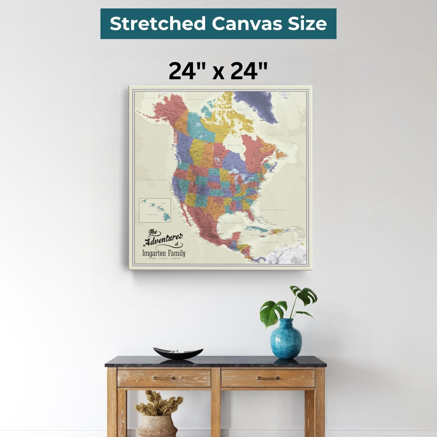 24x24 inch personalized North America travel map canvas wall art hung above wooden console table
