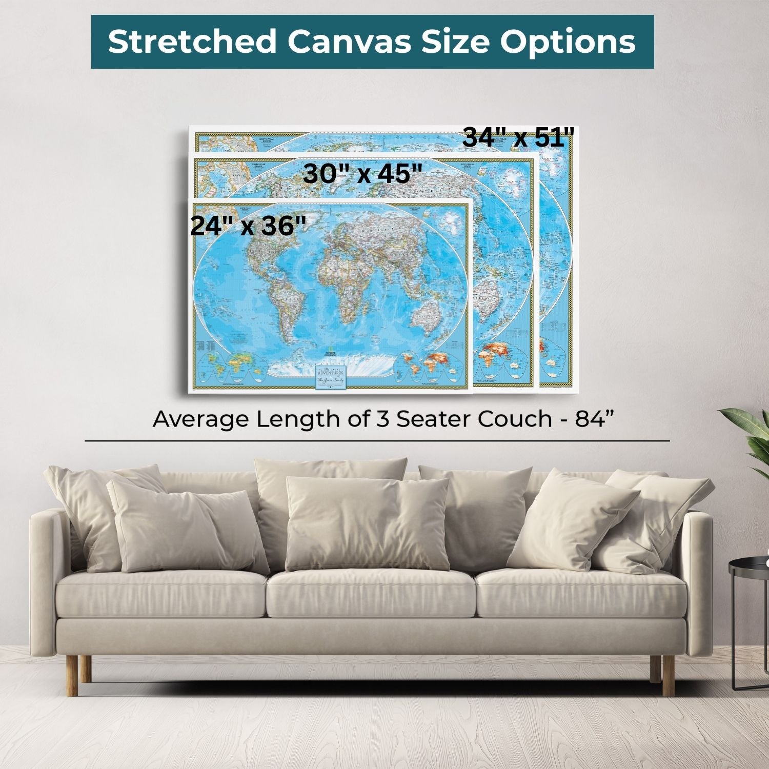 Three size options of Classic World Travel Map canvas prints displayed above a beige living room sofa for scale